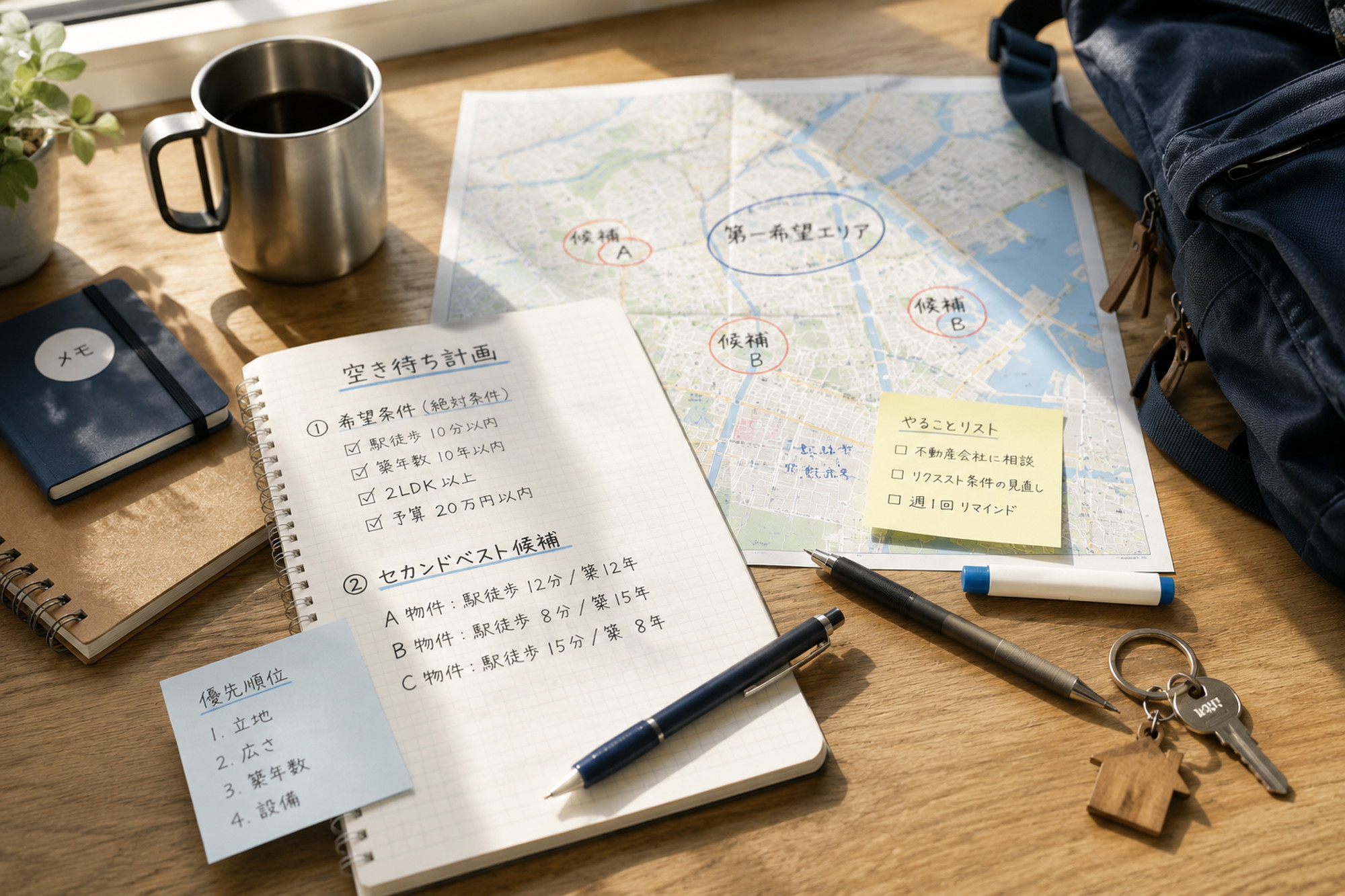手帳と地図を広げて第2候補の住まいを前向きに検討するデスク