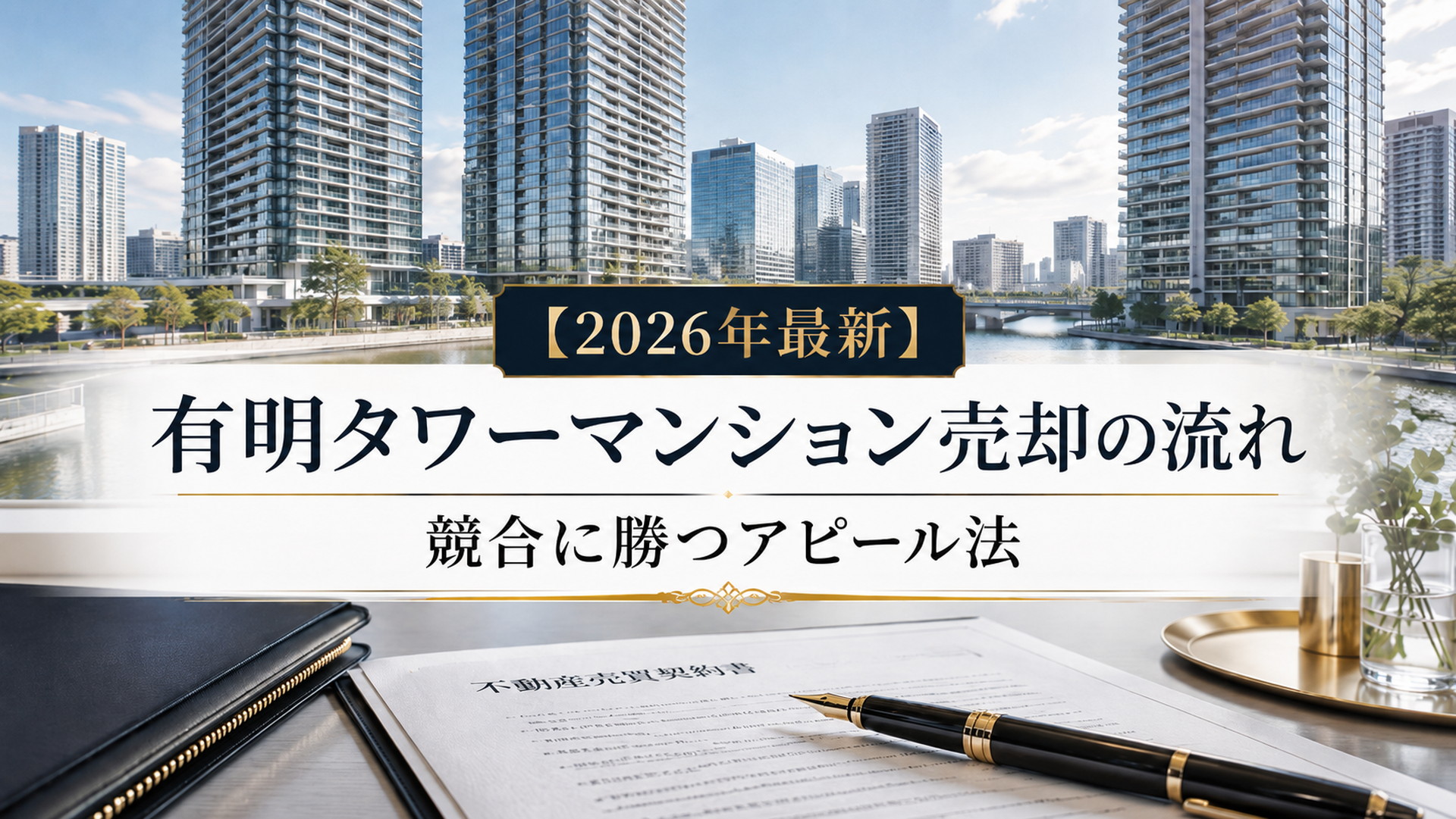 有明の湾岸タワーマンション売却を象徴する契約書と万年筆の洗練されたアイキャッチ