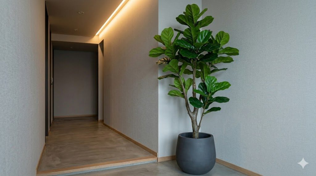 タワマンの内廊下側の薄暗い玄関口に置かれた、高品質なフェイクグリーンのフィカス・リラータ。葉の質感がリアルで、近くにはおしゃれなLEDライトが当たっている。