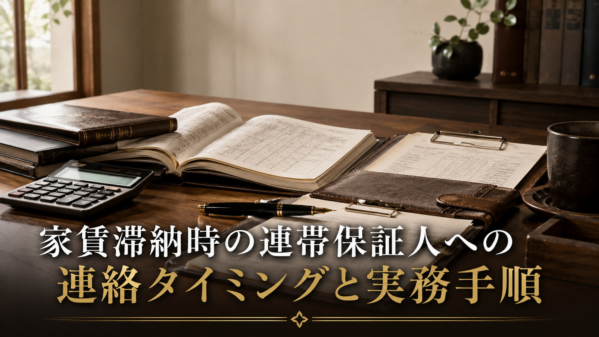 家賃滞納時の連帯保証人への連絡タイミングと実務手順を示す、帳簿と万年筆のある明るい書斎デスク
