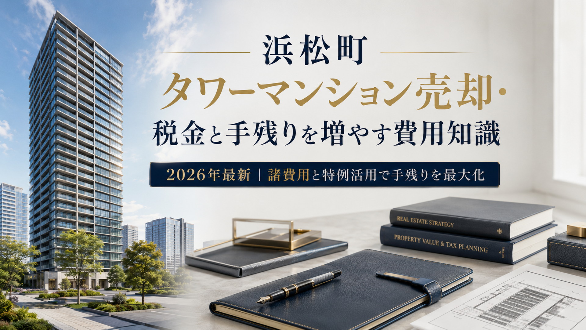 浜松町のタワーマンション売却に関する税金と費用を表す高級感のあるアイキャッチ」