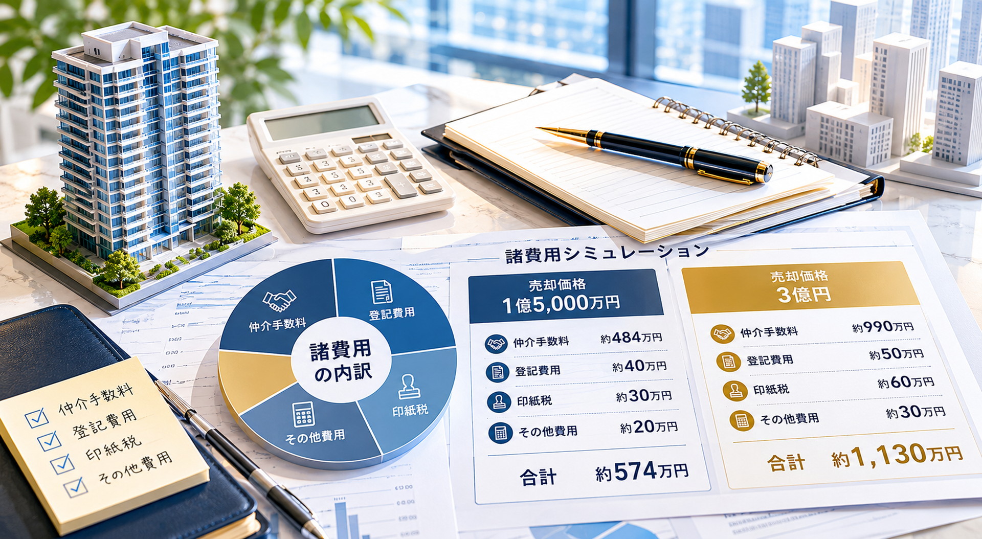 高級タワーマンション売却にかかる諸費用の内訳を示す洗練されたインフォグラフィック