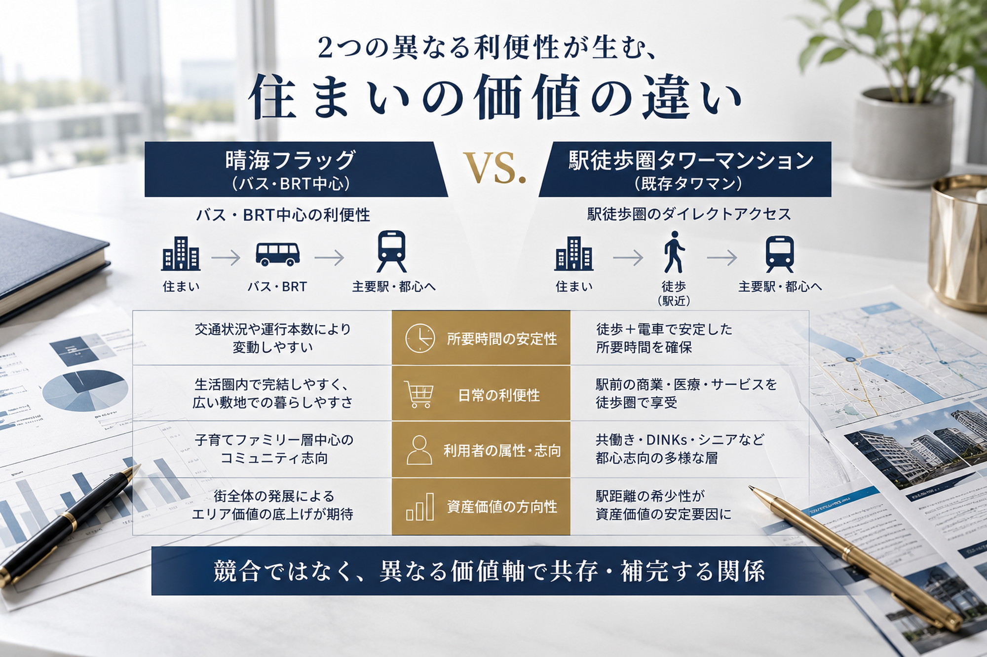 晴海フラッグと駅徒歩圏タワーマンションの利便性を比較する資料イメージ