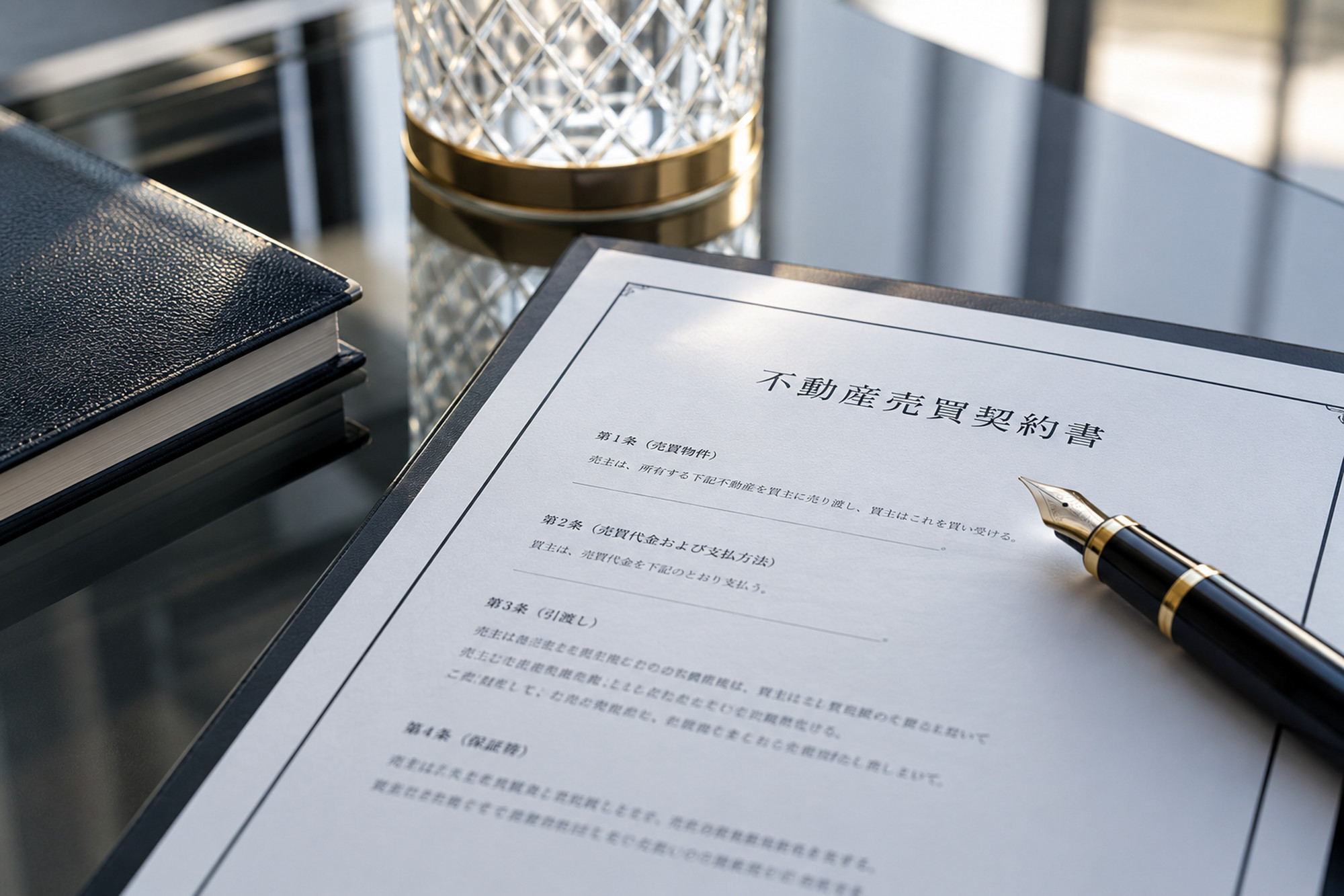 晴海エリアで売却に苦戦しやすい物件条件と価格調整リスクを示す契約書と万年筆