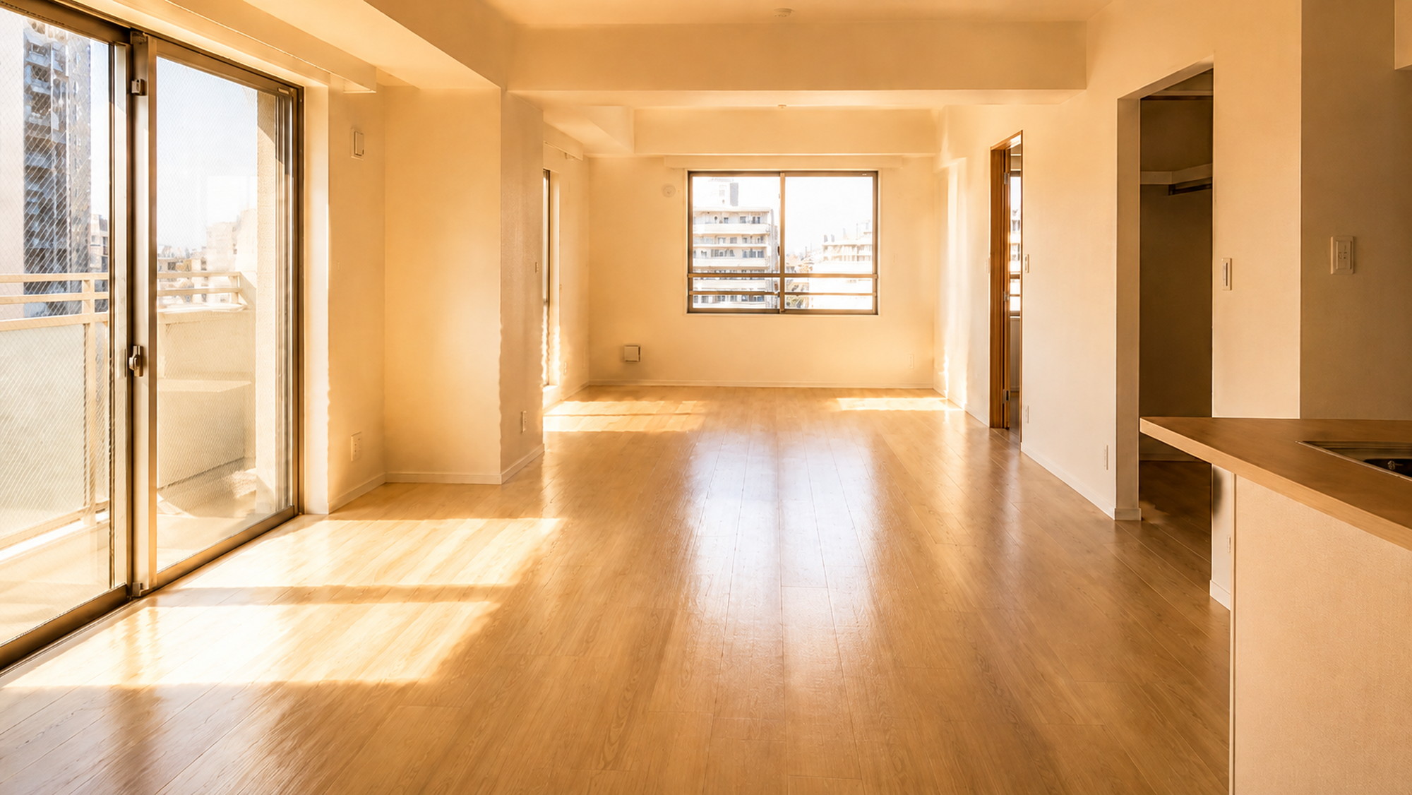真夏の日差しが入る家具のないマンション空室