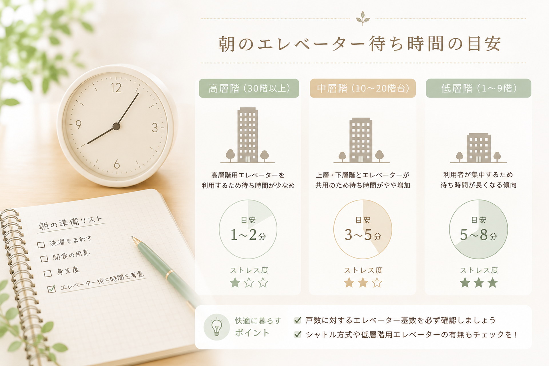 時計と手帳でエレベーター待ち時間を示したやわらかいインフォグラフィック