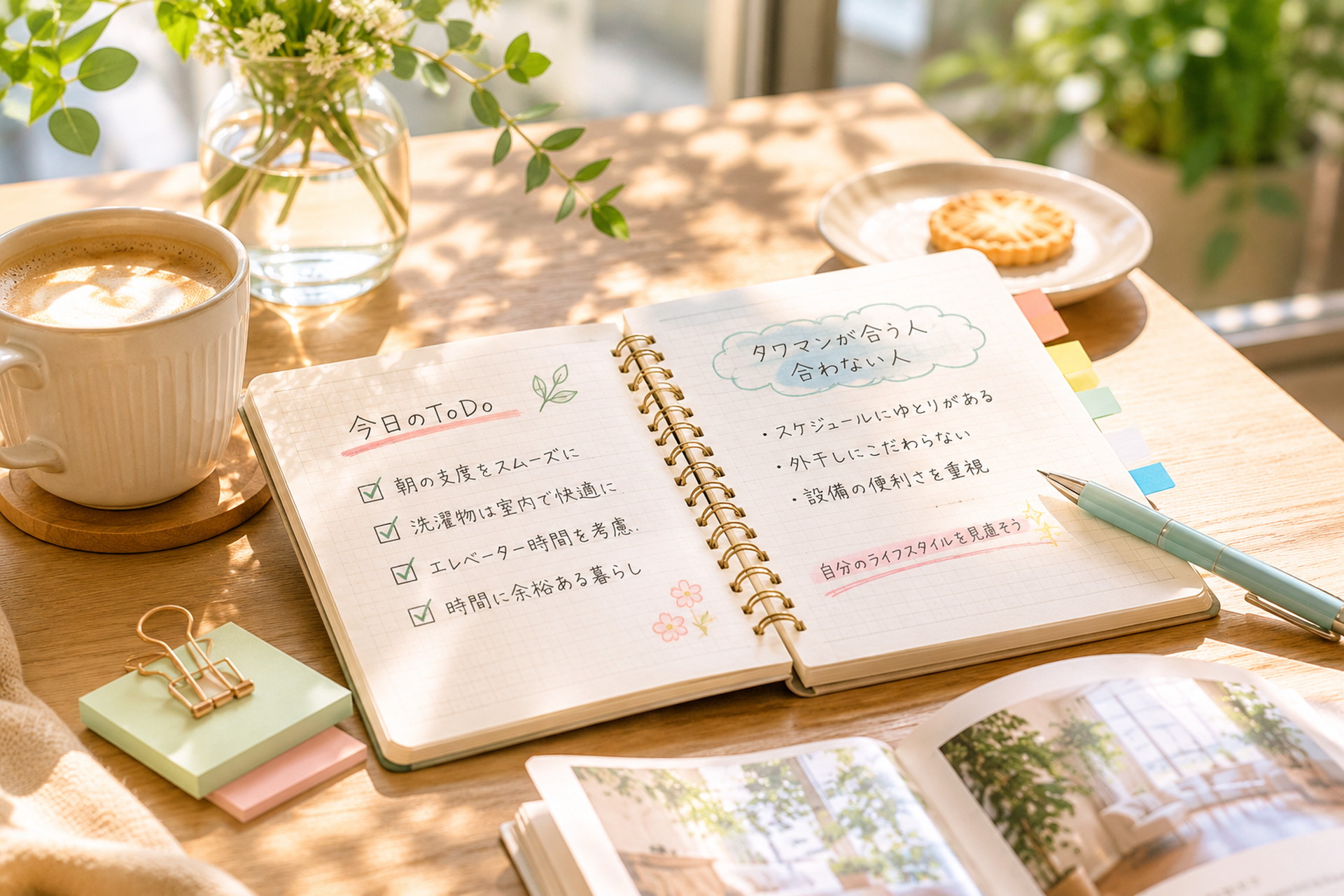 手帳とコーヒーカップを置いた落ち着いたカフェデスク