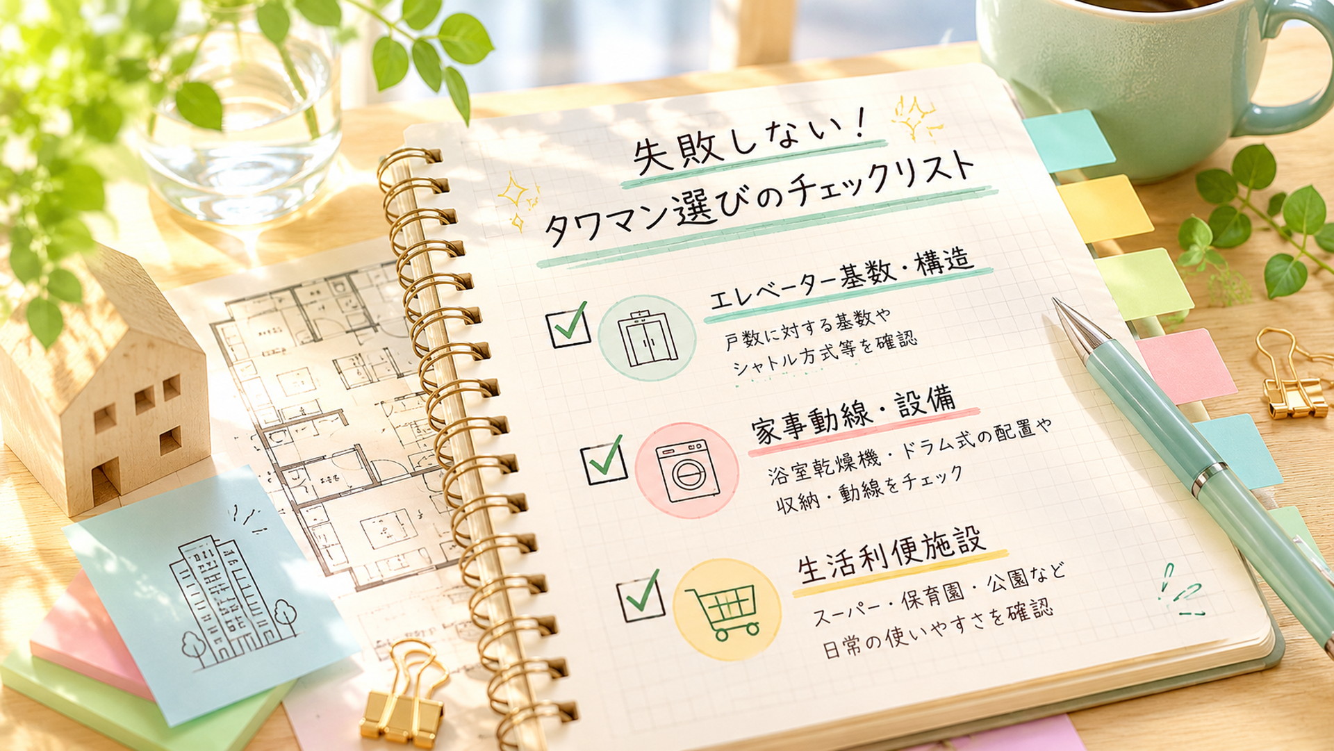 付箋とペンを添えたタワマン選びのチェックリストノート
