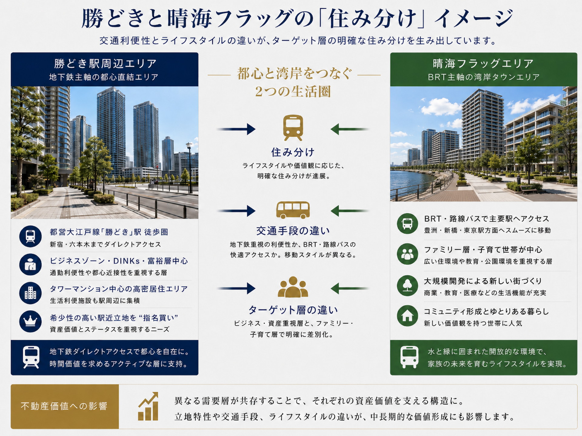 勝どき駅近タワーマンションと晴海フラッグ周辺の交通利便性の違いを示すインフォグラフィック