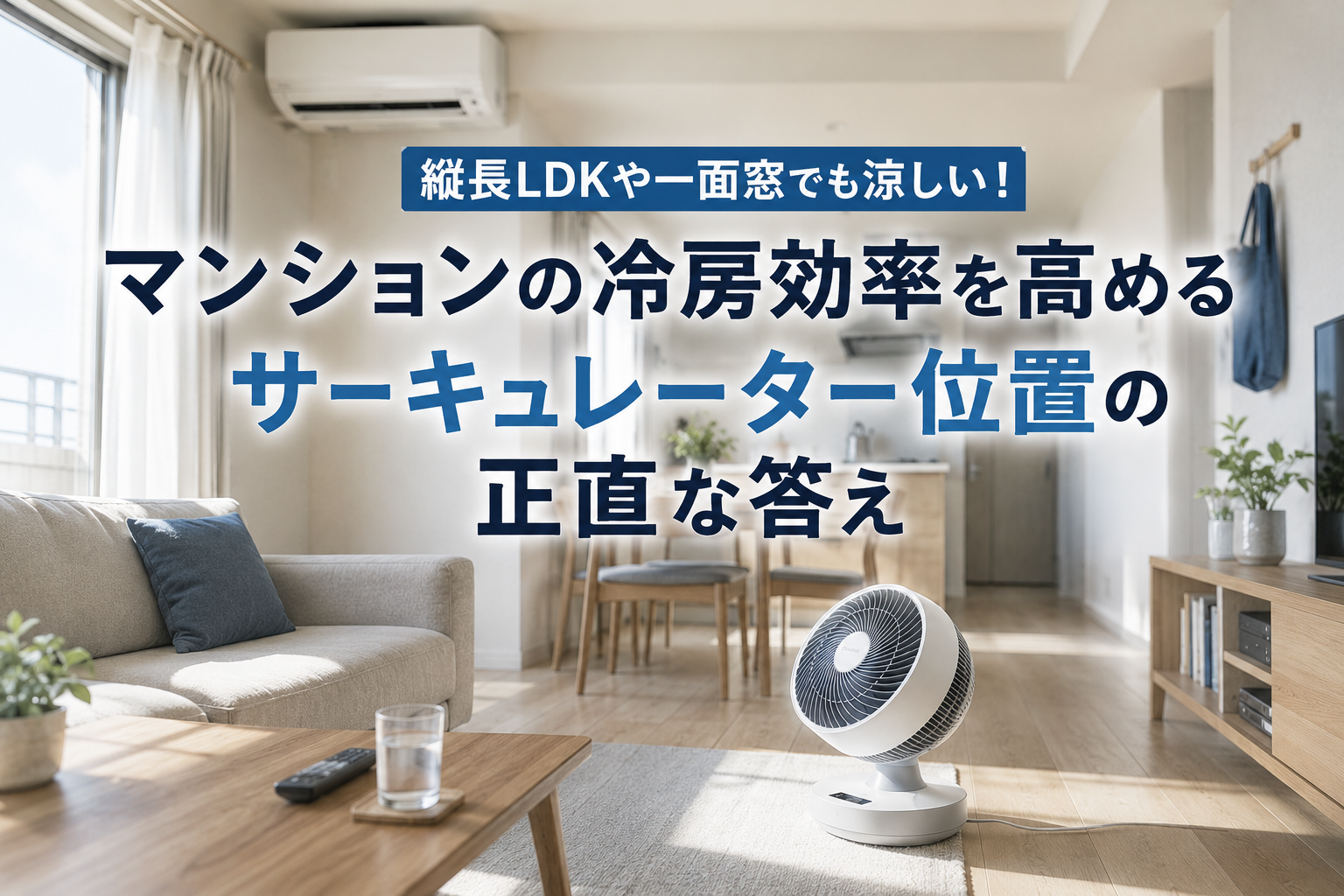 夏のマンションのリビングでエアコンとサーキュレーターを使い冷房効率を高めるイメージ