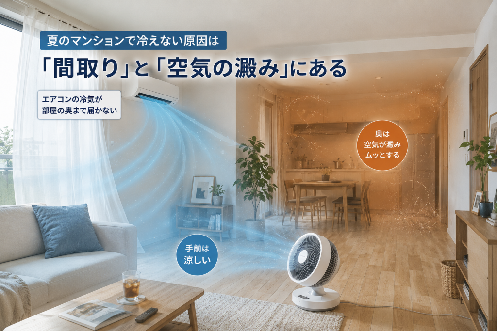 縦長のマンションリビングで冷気が奥まで届かず空気が滞留するイメージ