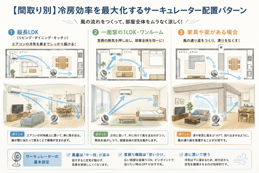 縦長LDKや一面窓の部屋でサーキュレーターの風を循環させる配置イメージ