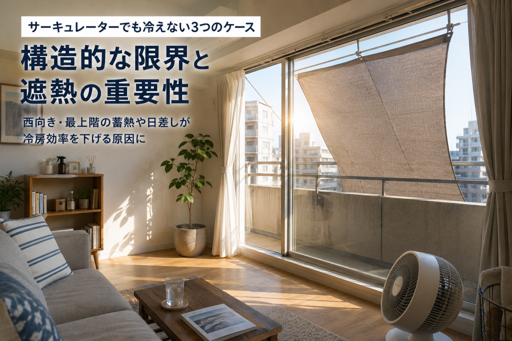 夏の西日が差し込むマンションの窓辺で遮熱カーテンとサーキュレーターを使うイメージ