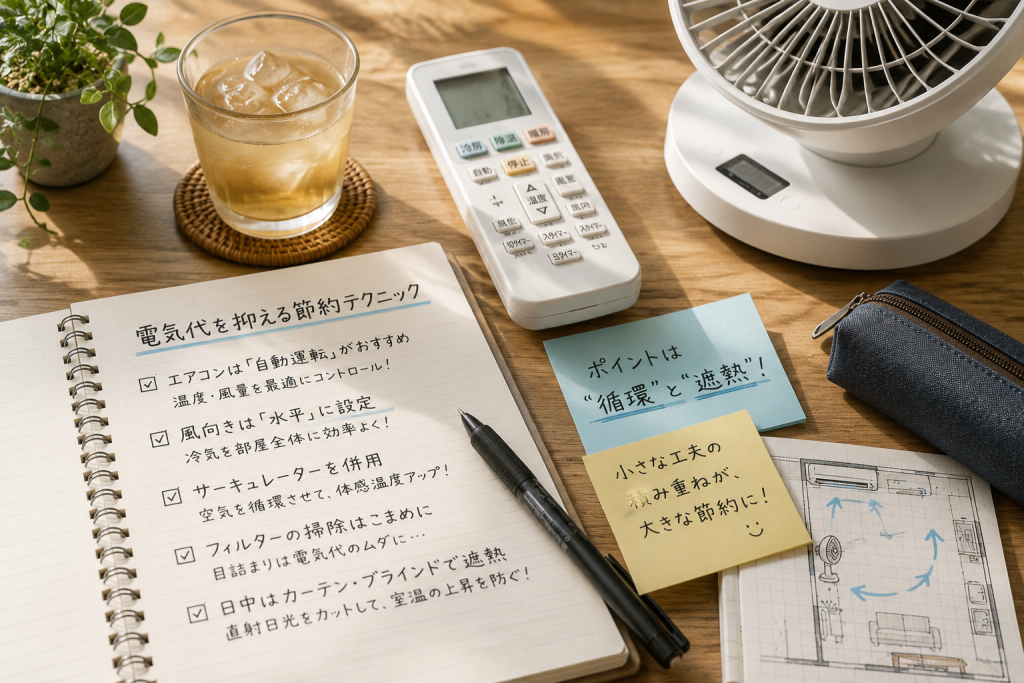エアコンのリモコンとノートを置いた夏の節電テクニックを考えるデスク風景