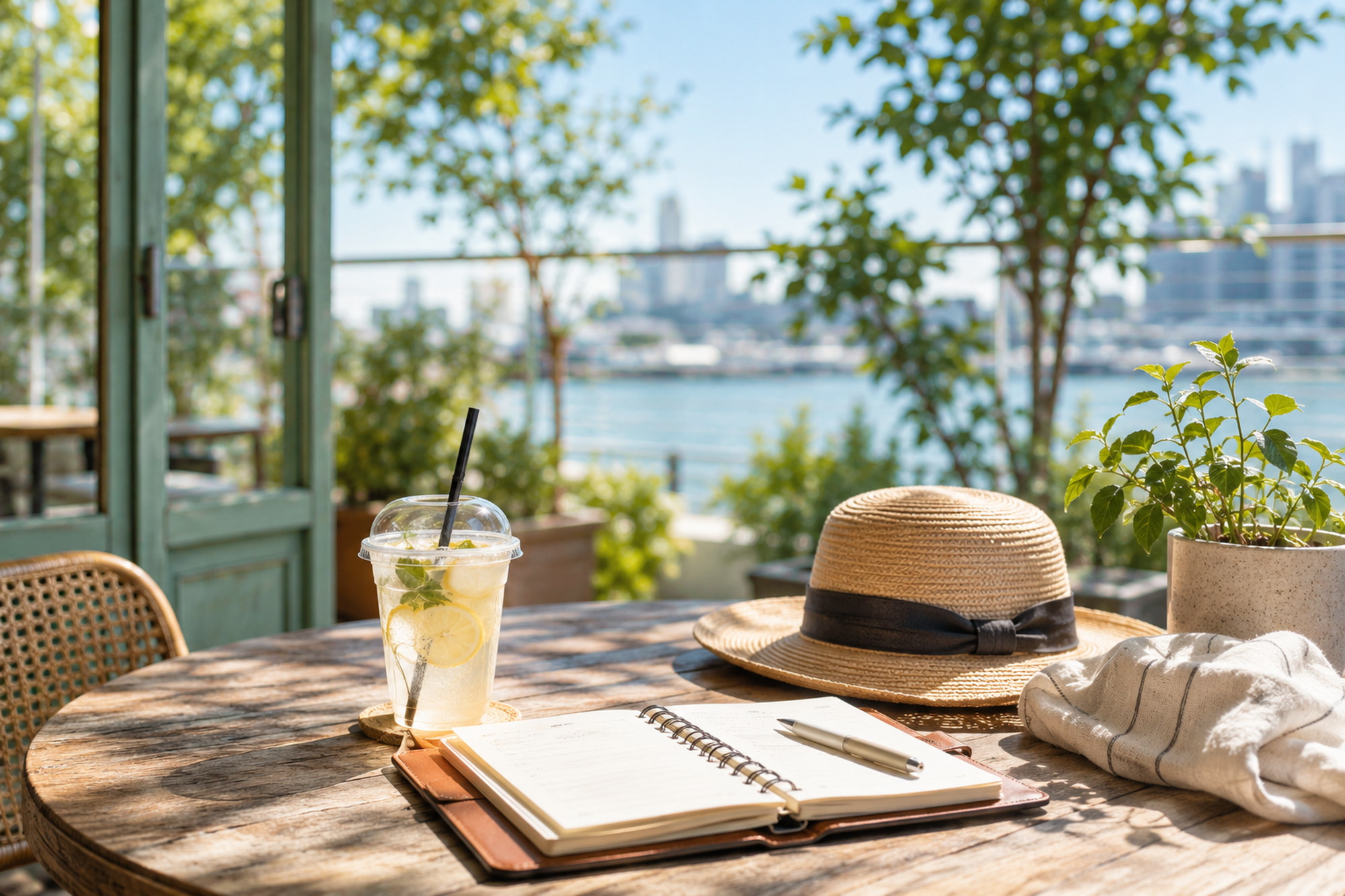 夏の子連れ内見前に午前中の予定を確認するカフェテラスの手帳と冷たいドリンク