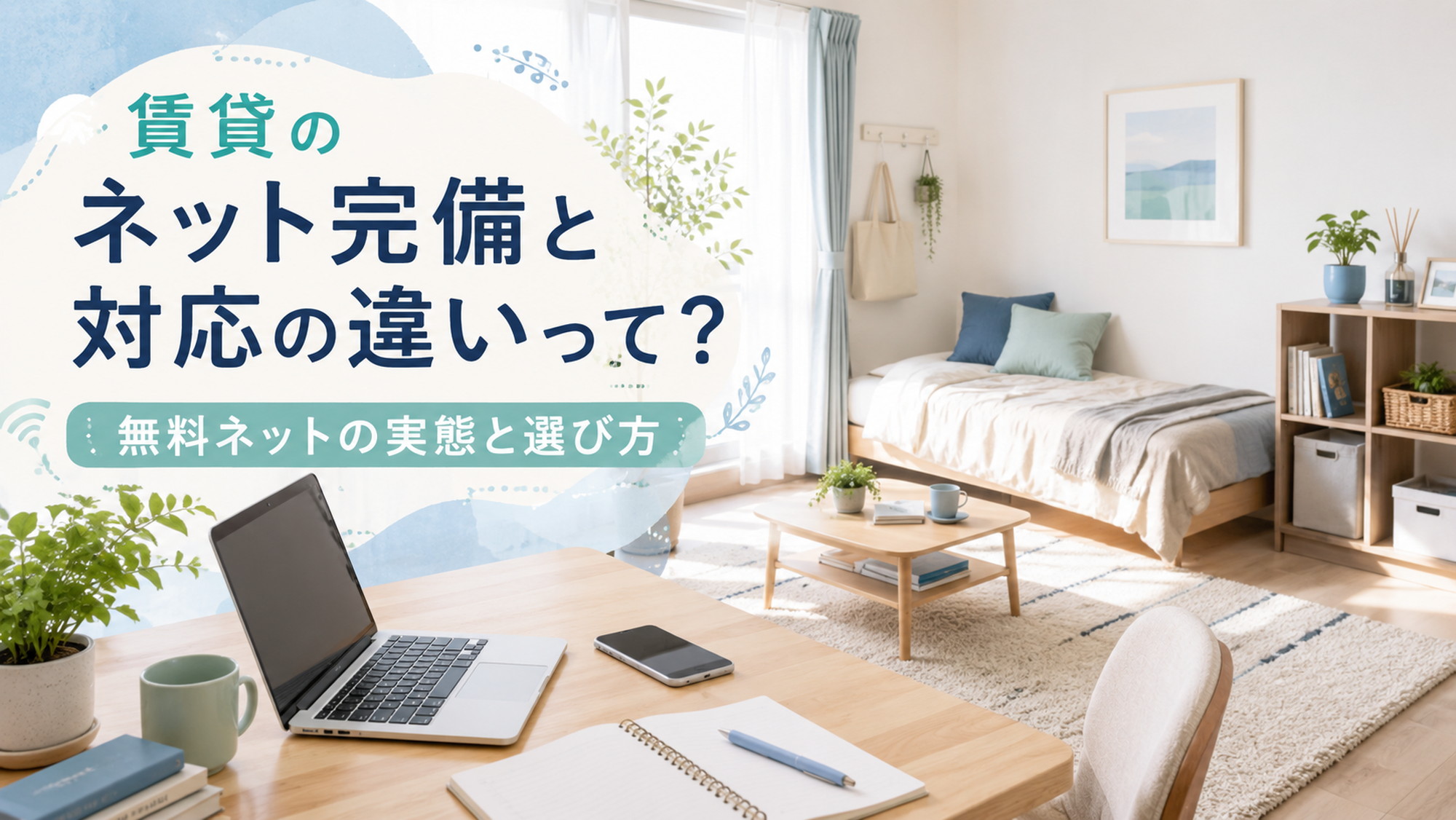 明るい賃貸マンションの室内でノートパソコンとスマートフォンが置かれたデスク