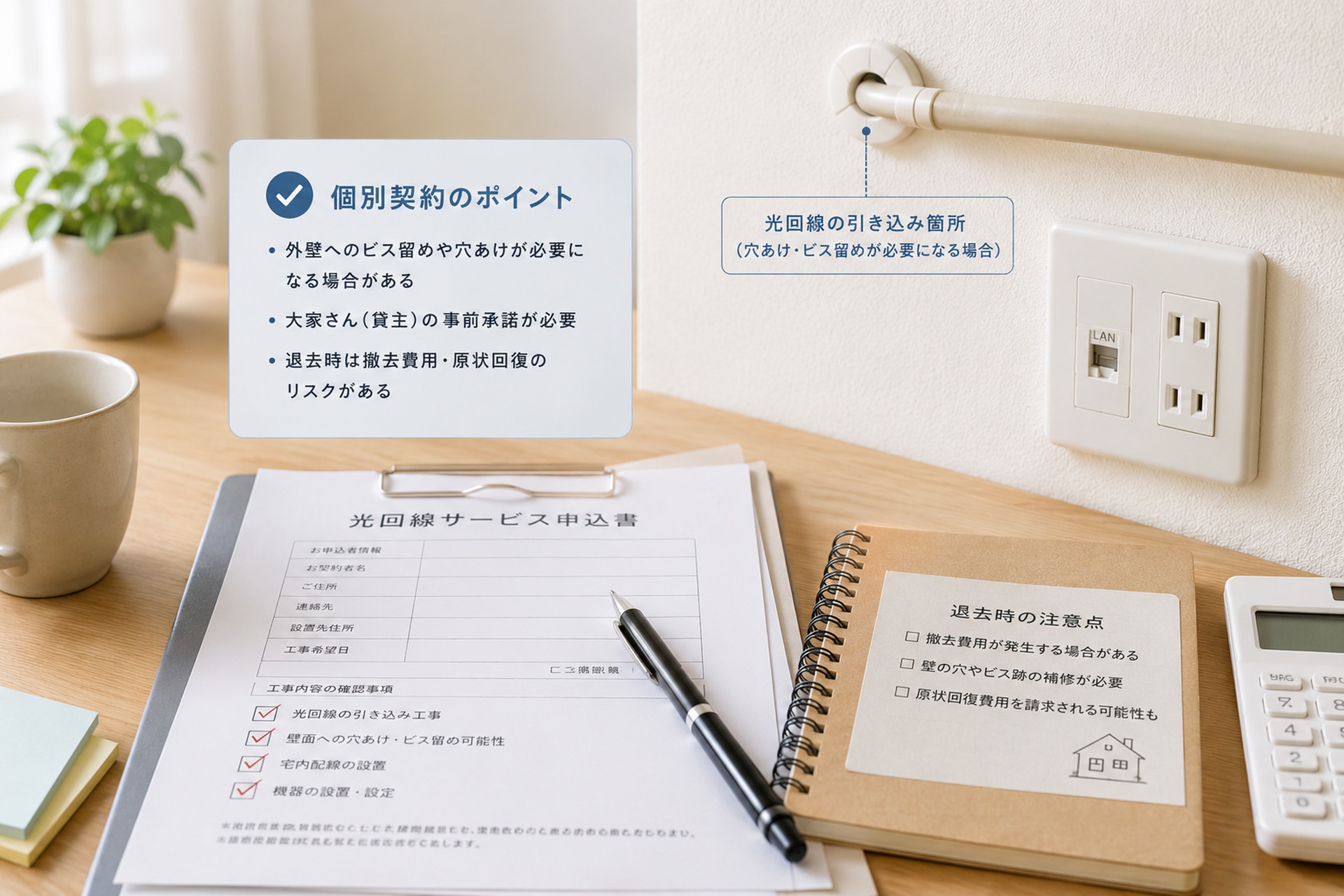 個別回線契約の注意点を示す契約書と室内壁面のイメージ