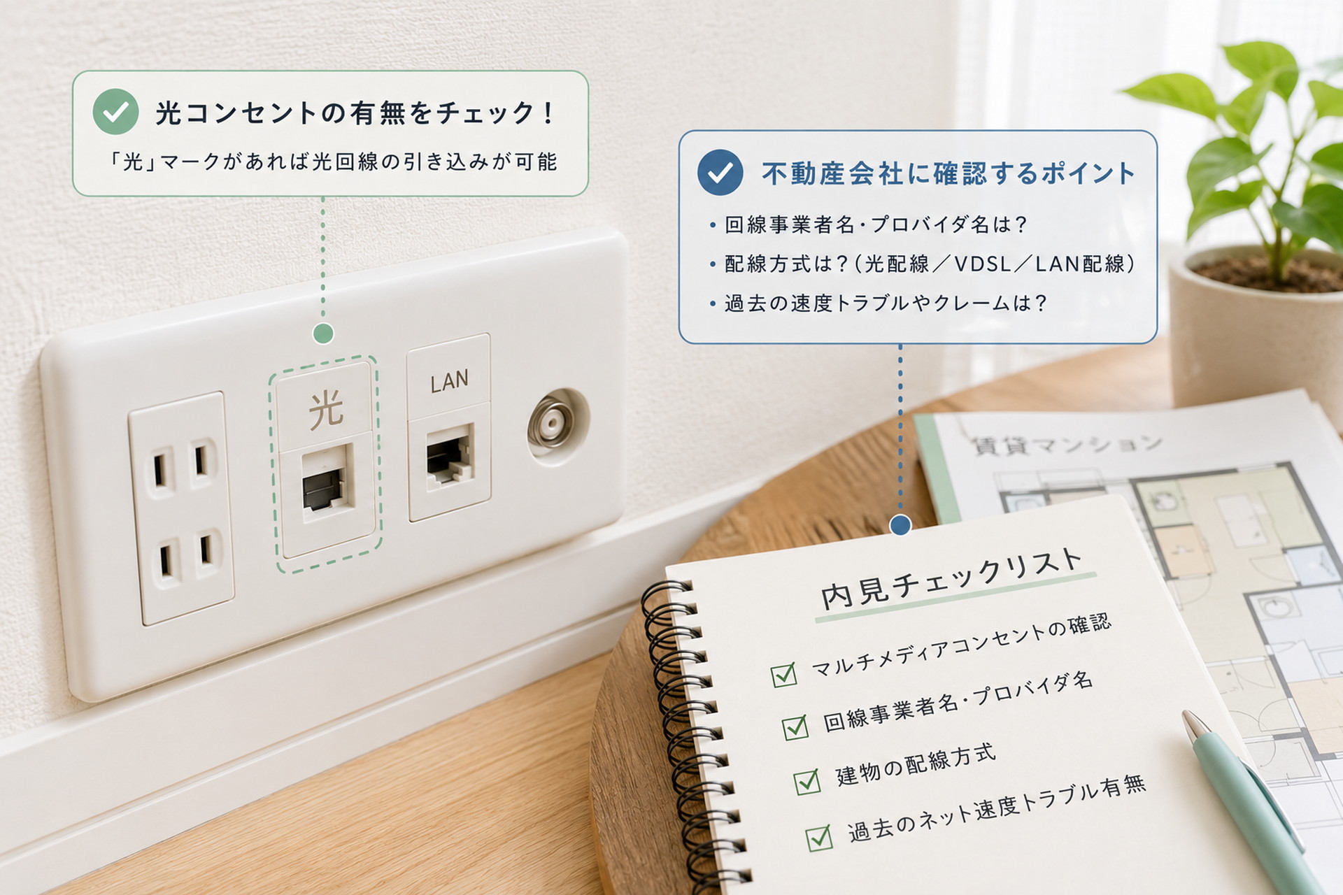 内見時に確認したい光コンセントとLANポートのある壁面