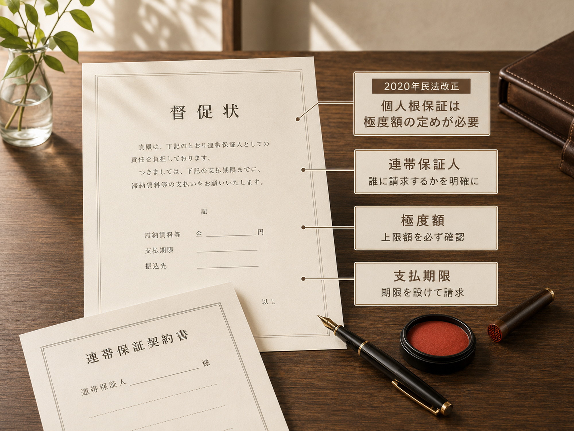 2020年民法改正対応の督促状作成を示す通知書と印鑑、万年筆
