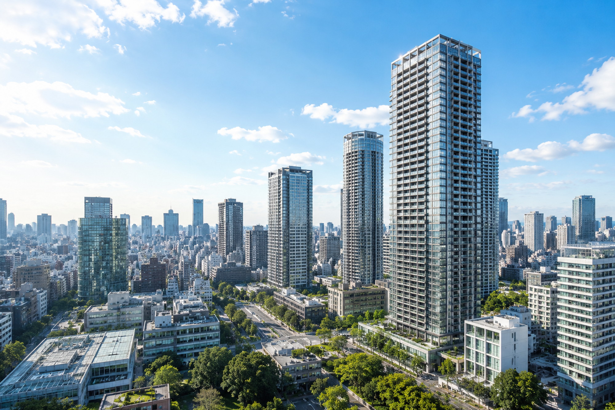 六本木を想起させる洗練された都市昼景と高級タワーマンション市場の成長イメージ
