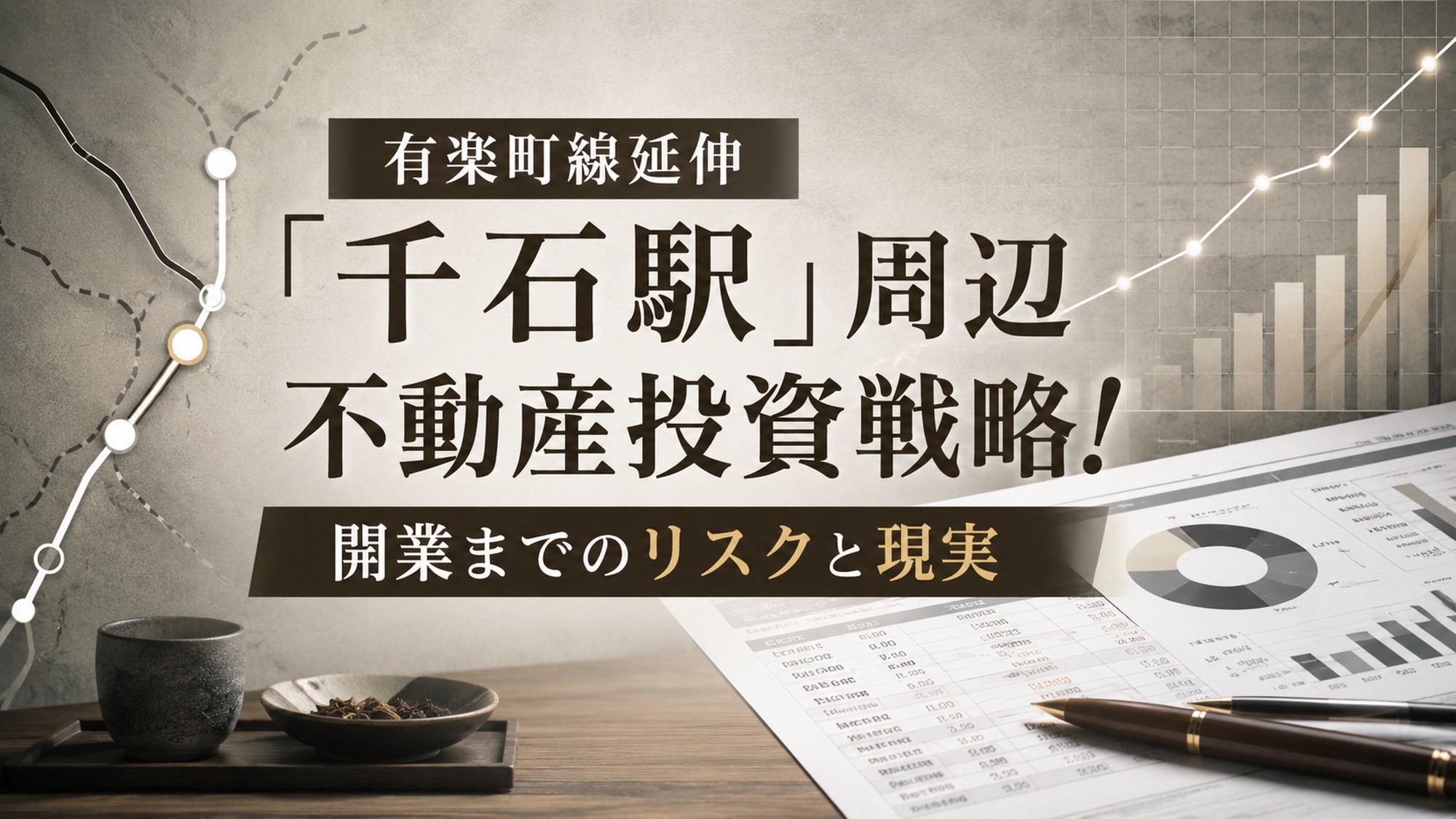有楽町線延伸と千石駅周辺の不動産投資戦略を表す抽象ラインと収支グラフィック