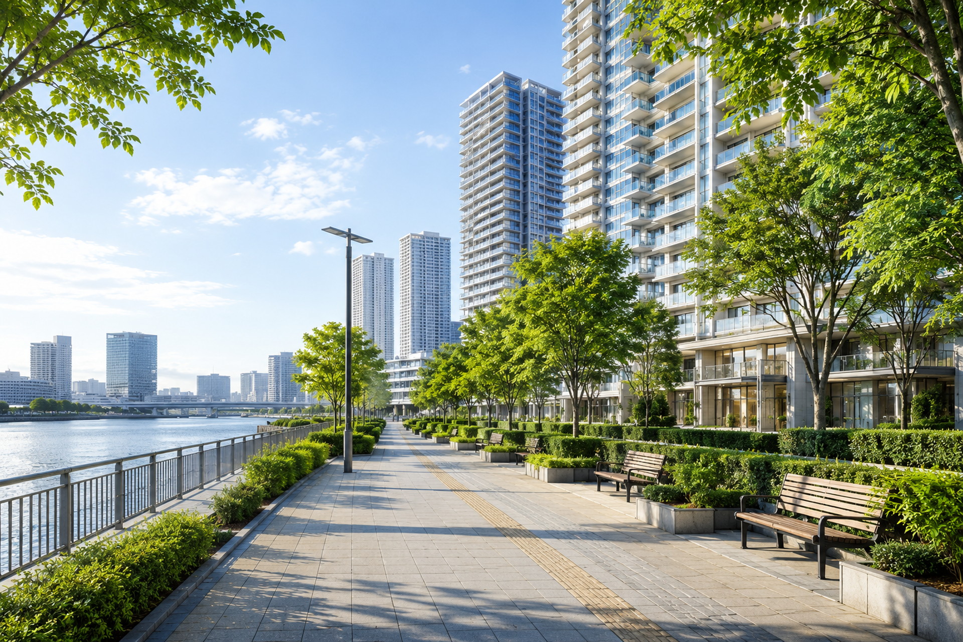 湾岸エリアの明るい遊歩道と並木道が広がる都市の昼景