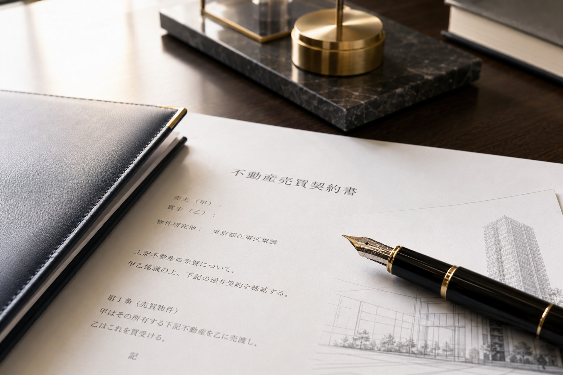契約書類と万年筆が整えられた上質なデスクで売却リスクと交渉戦略を示すイメージ