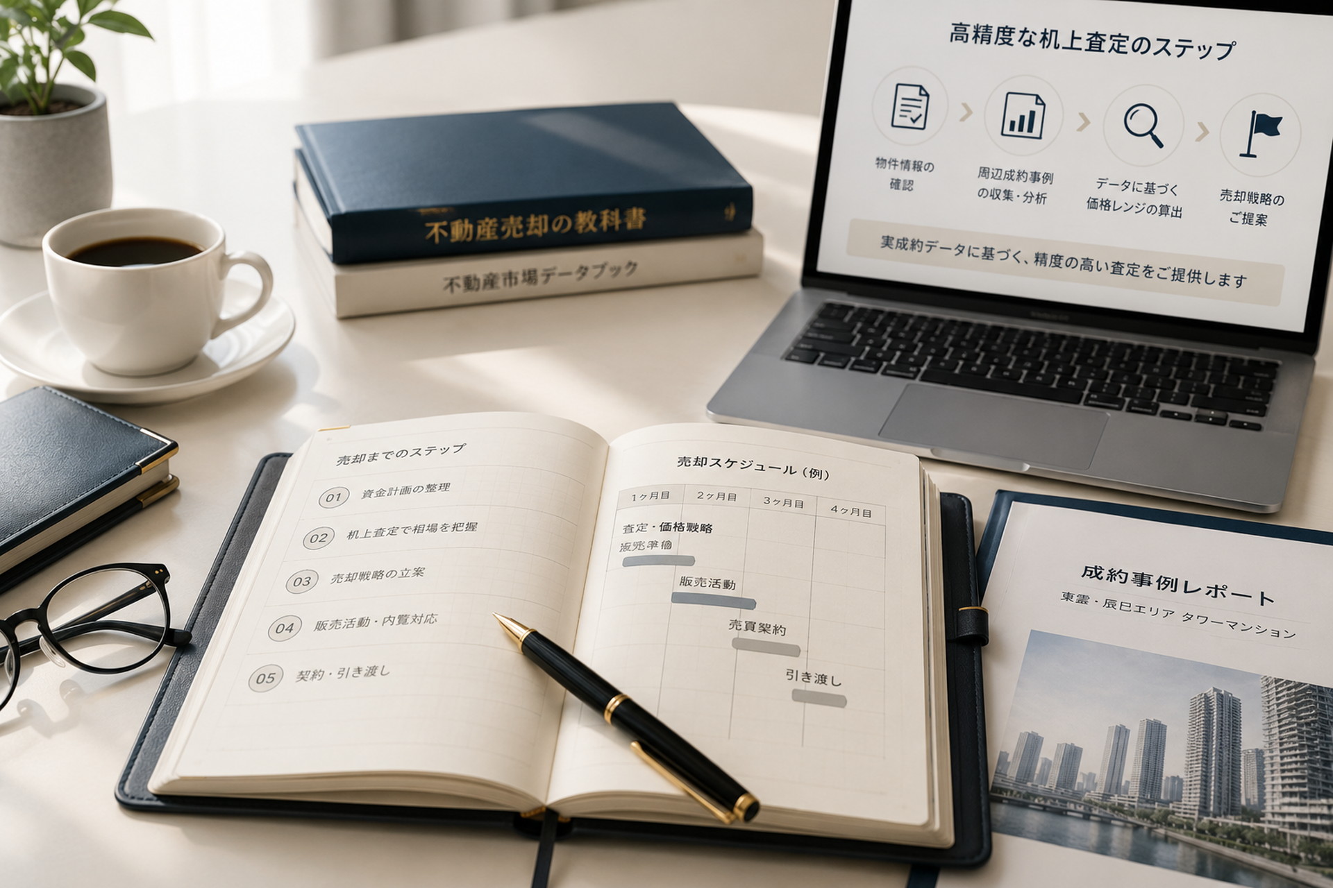 開かれた上質なノートと眼鏡が置かれた明るいデスクで住み替え計画と机上査定を考えるイメージ