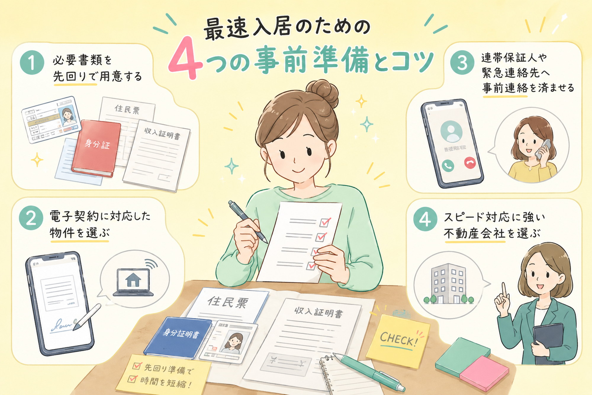 最速入居に必要な書類や電子契約の準備を示す手描き風イラスト