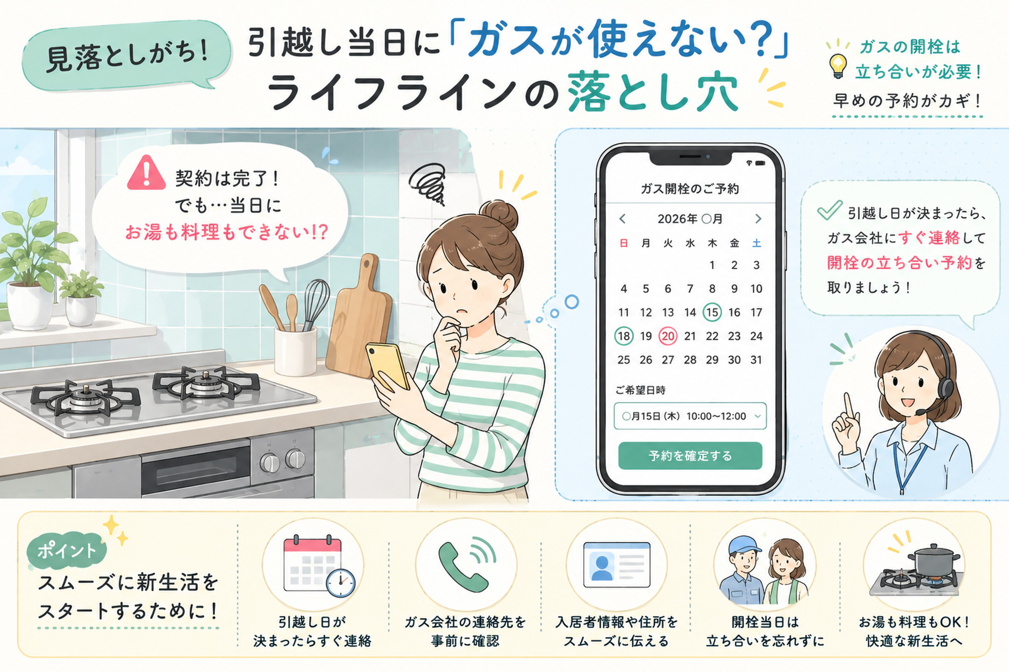 引越し当日にガスが使えない落とし穴を示すキッチンと予約カレンダーのイラスト