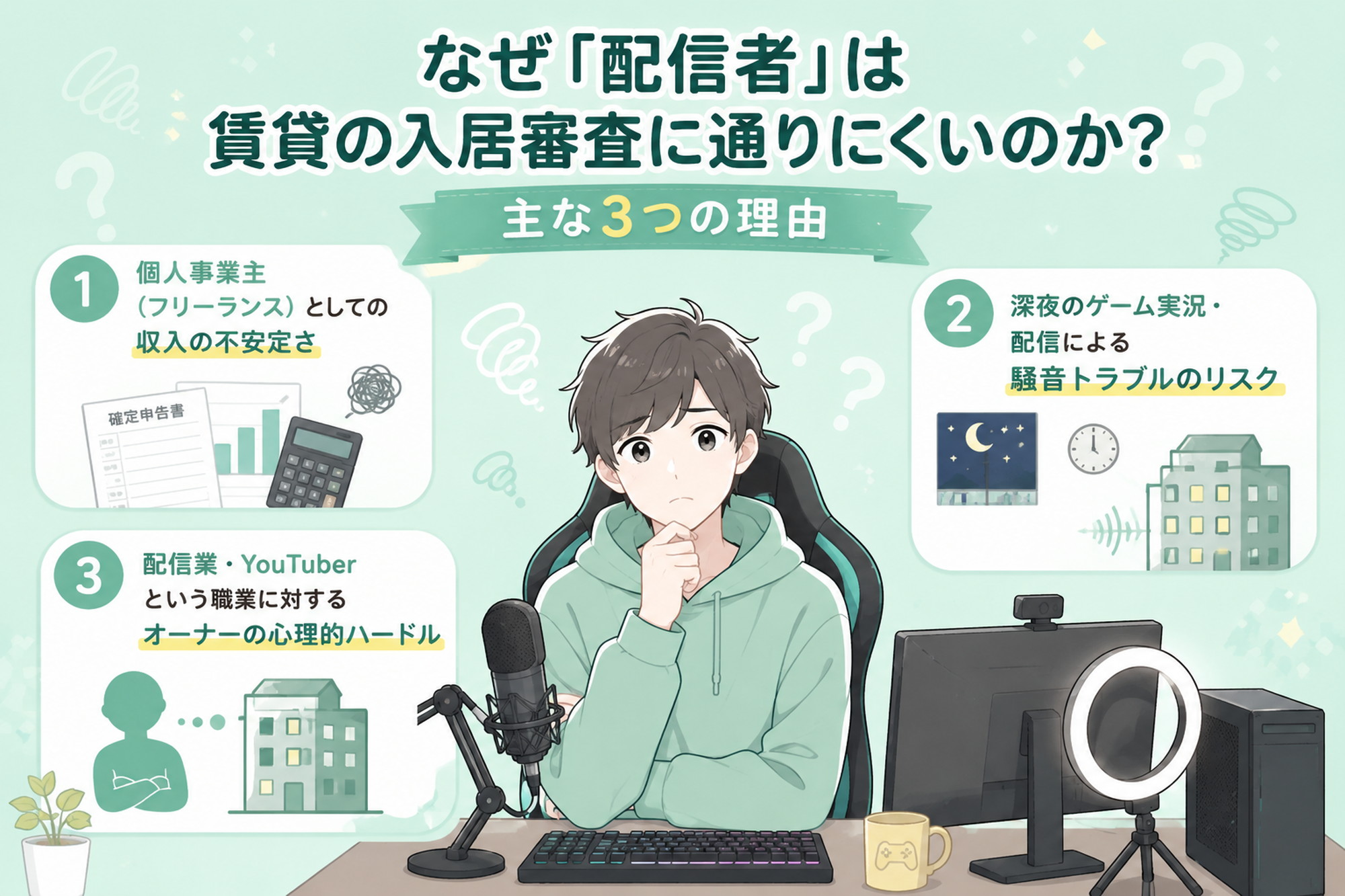 配信者の入居審査で懸念される収入・騒音・職業理解の3要素を示すイラスト