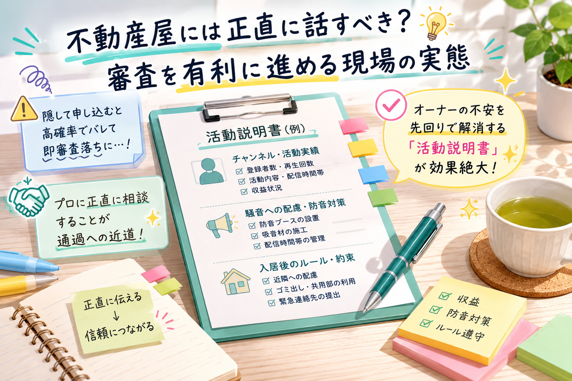 配信者の賃貸審査で活動説明書や必要書類を整理する明るいデスクのイラスト