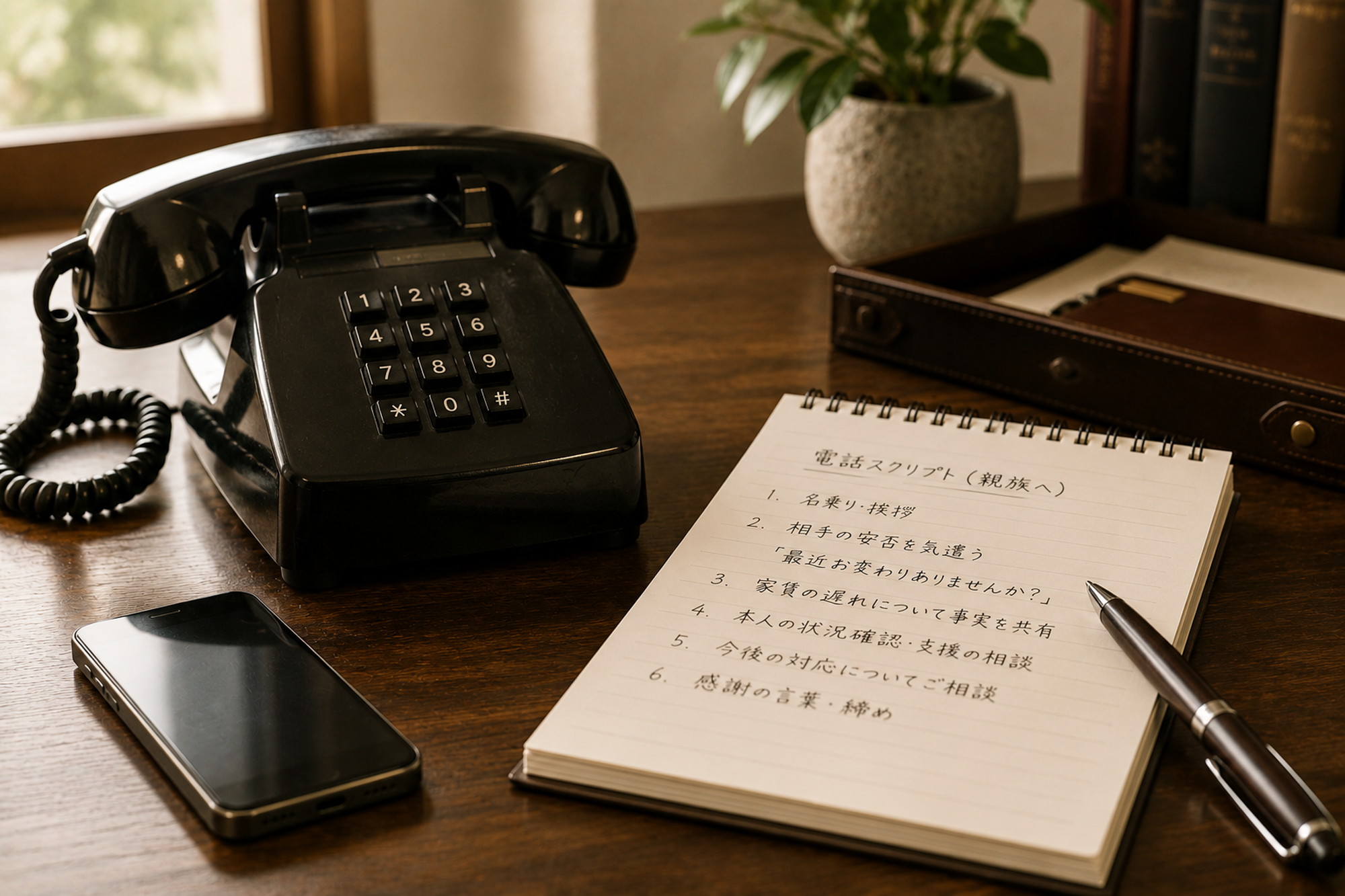 連帯保証人への最初の電話連絡を示す固定電話とメモ帳