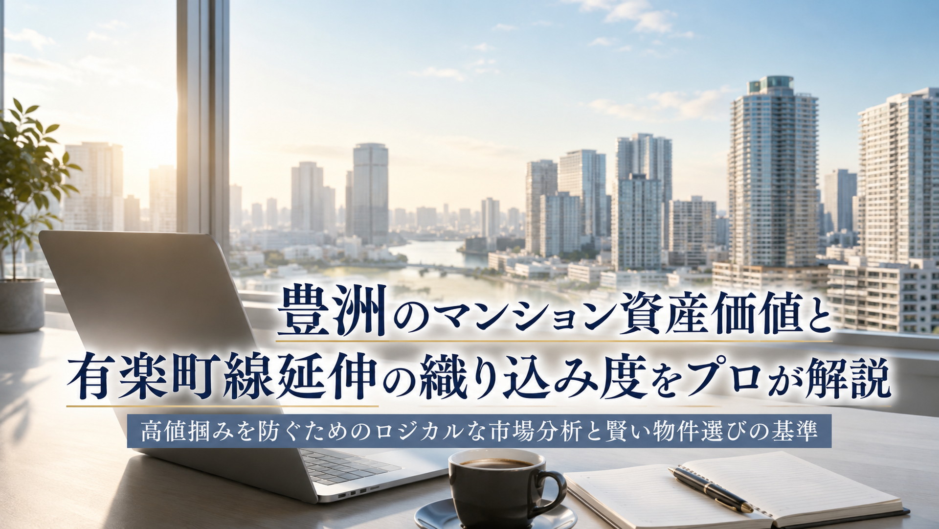 朝の都市景観とデスクで豊洲のマンション資産価値を分析するイメージ
