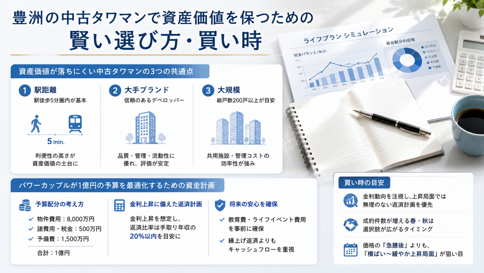 資産価値を保つ中古タワマン選びと資金計画を検討するデスク上の図表
