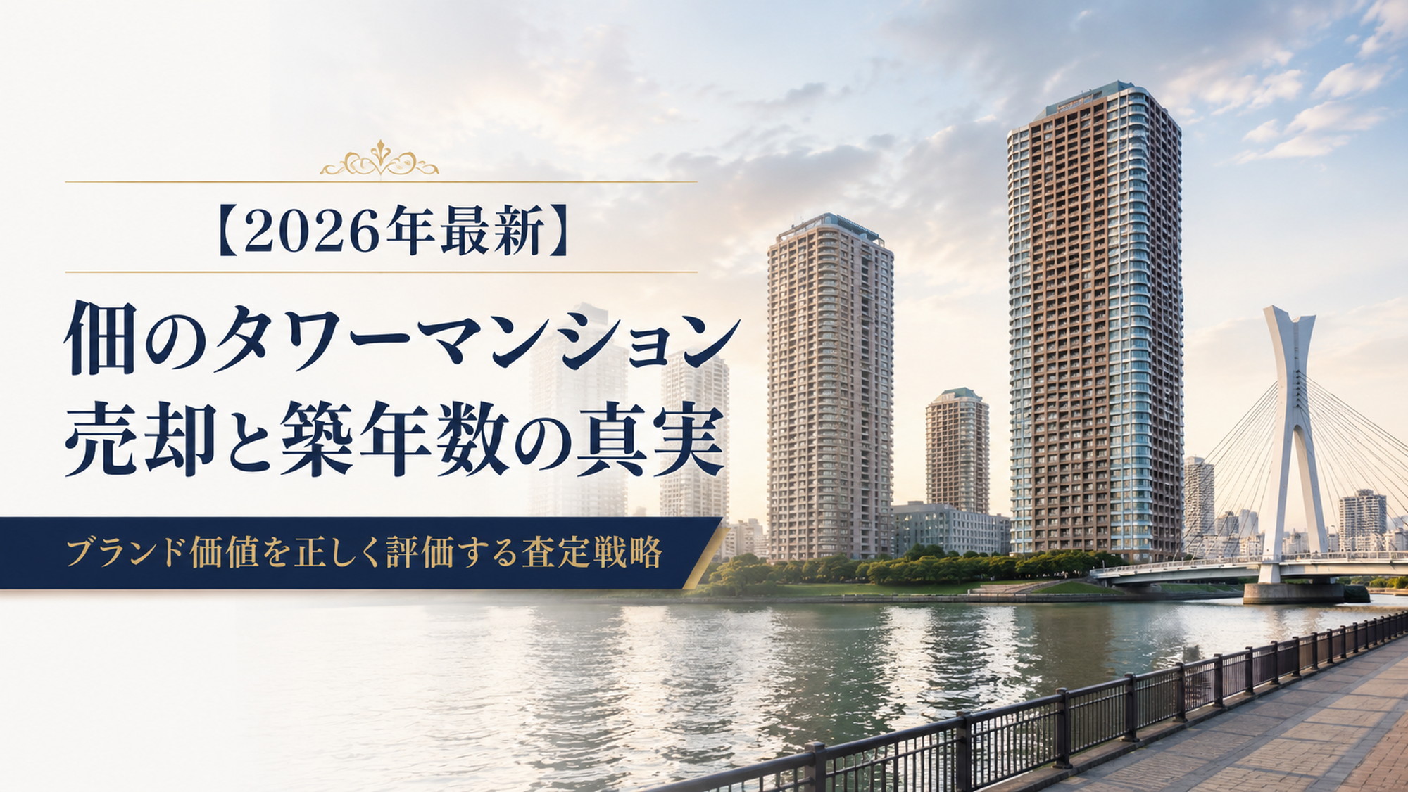 佃のリバーサイドに佇む抽象的なタワーマンション群と隅田川をイメージした売却記事のアイキャッチ
