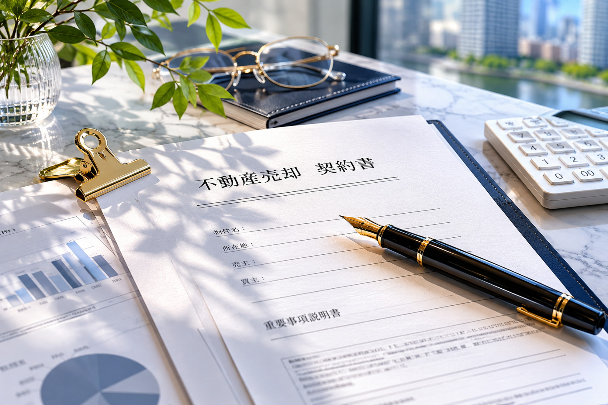 売却相場の確認をイメージした契約書と万年筆の上質なデスク風景