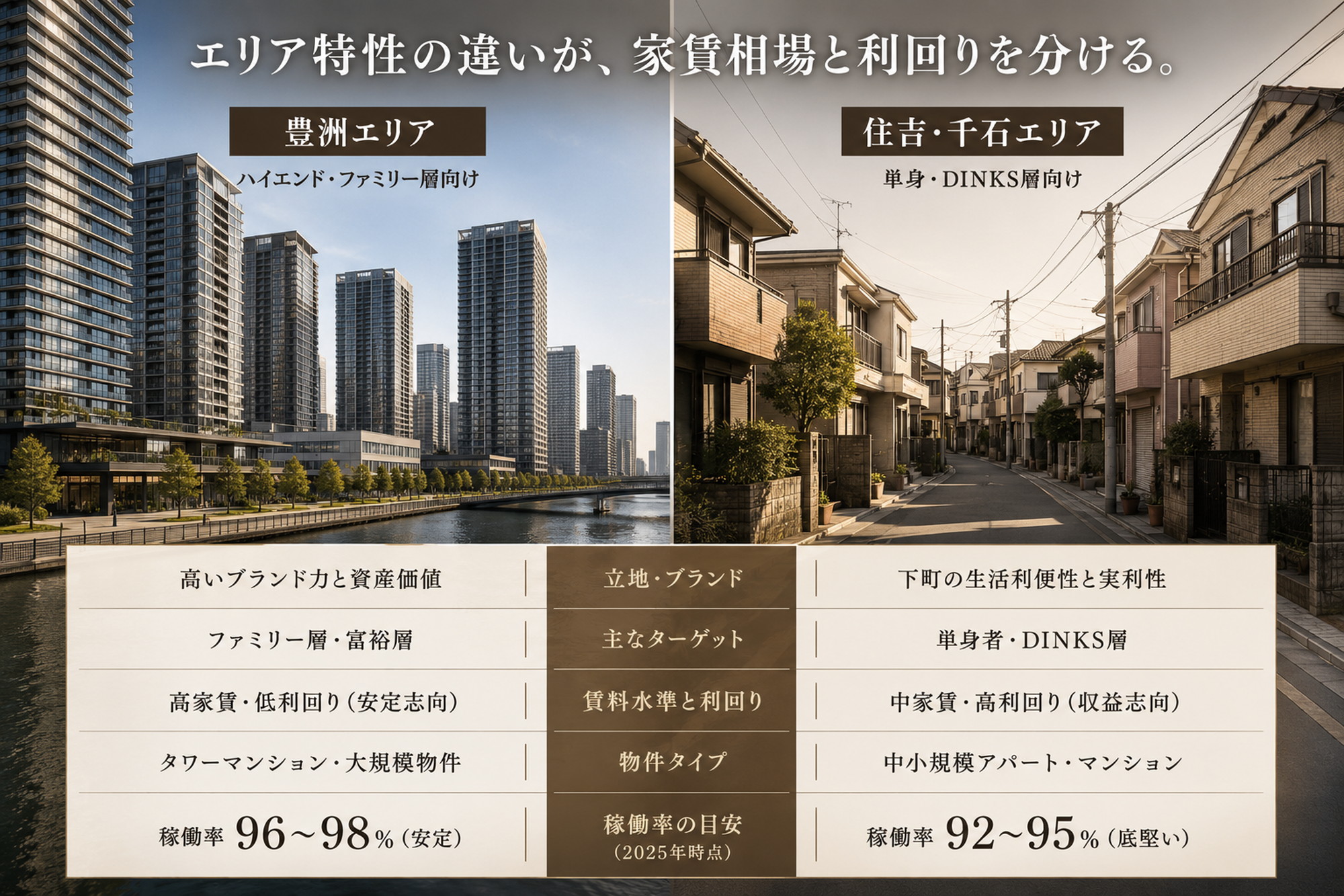 湾岸の洗練された建築と下町住宅の質感を対比した江東区賃貸経営の比較イメージ