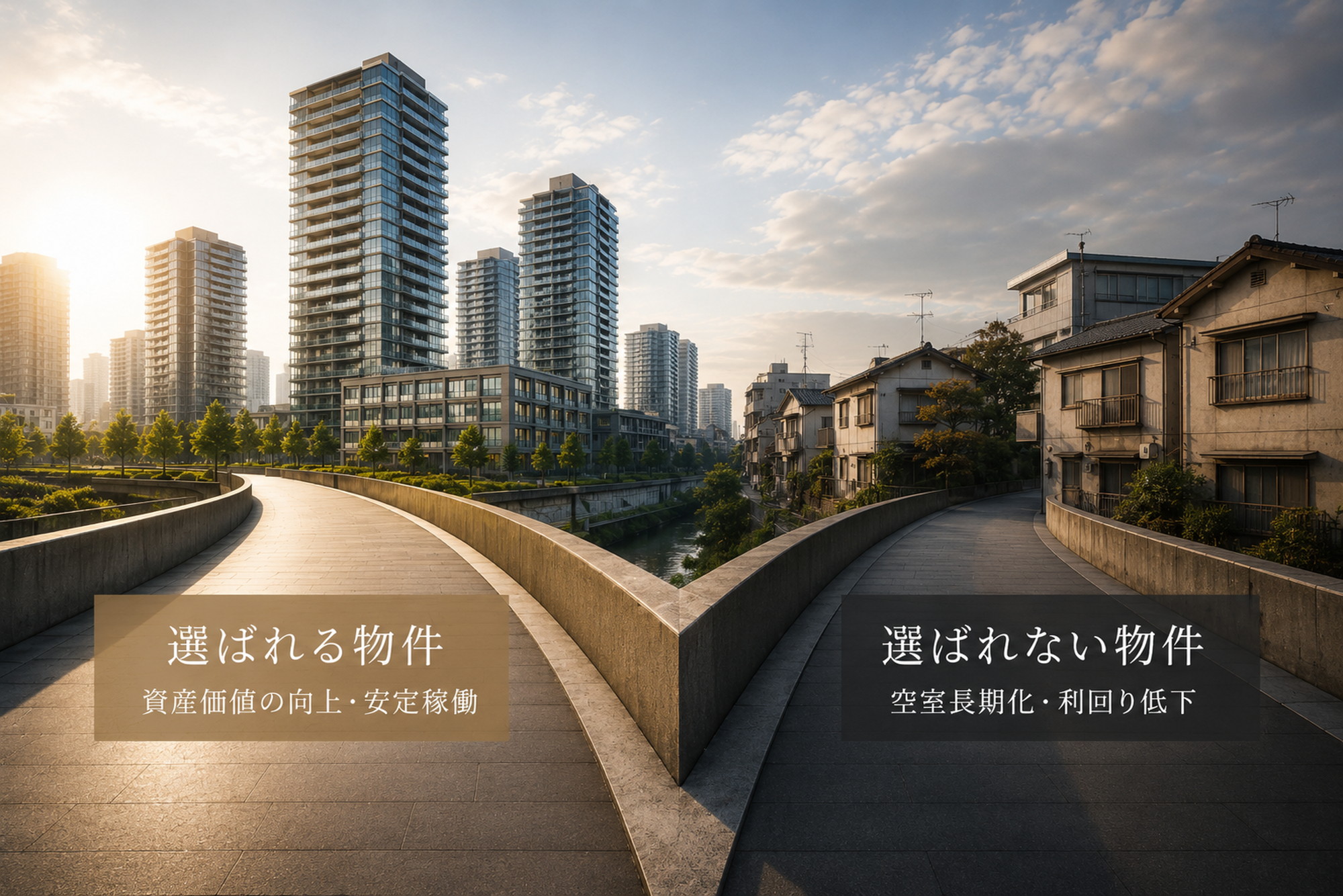新線開通後の二極化リスクを光と影で表現した都市建築の昼景
