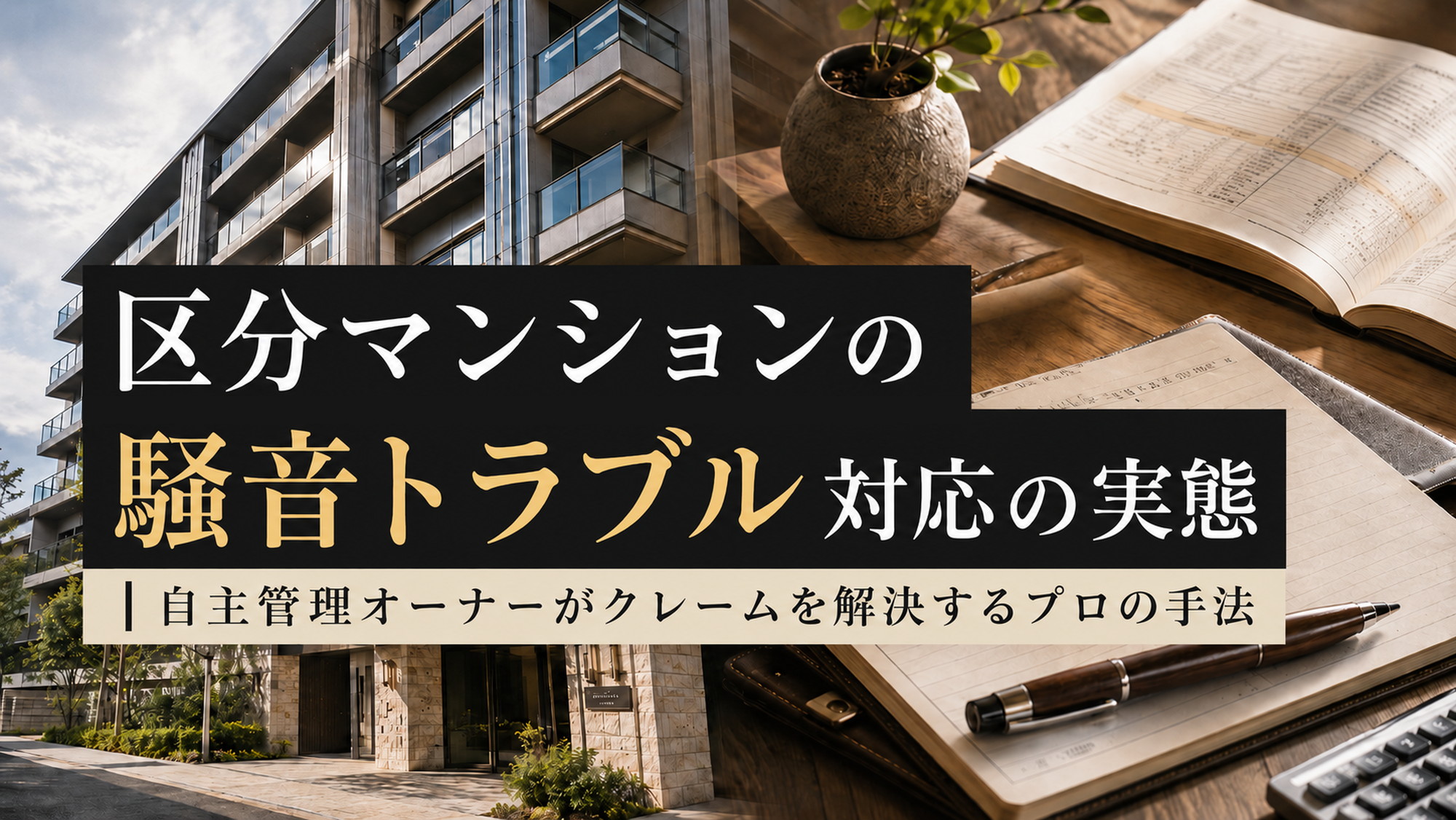 区分マンションの騒音トラブル対応を象徴する分譲マンション外観と帳簿のデスク