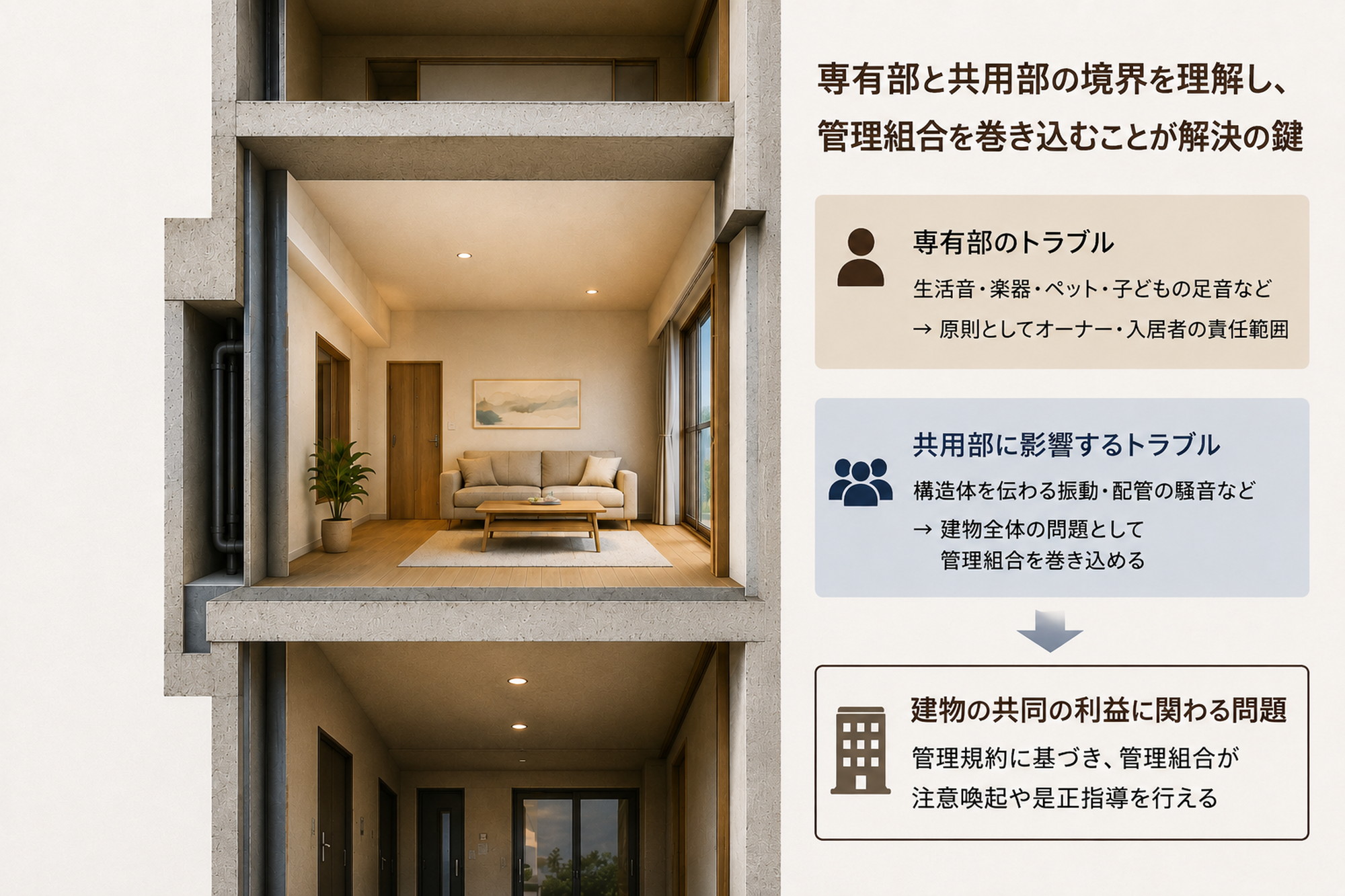 区分マンションの専有部と共用部の境界を示す抽象的な建築パース