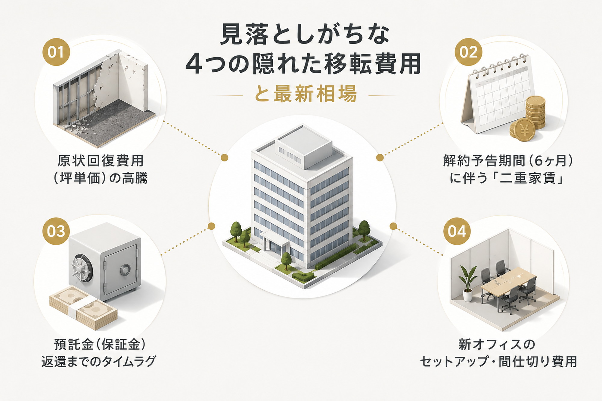 オフィス縮小移転で見落としやすい4つの隠れた費用を表すミニマルな図解