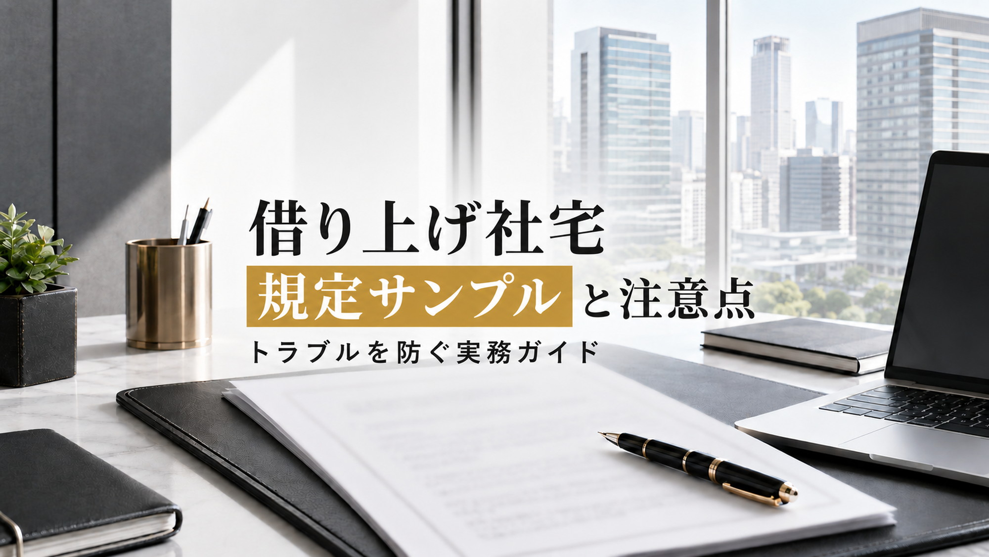 明るいオフィスのデスク上に契約書とペンが整然と並ぶ借り上げ社宅規定の記事アイキャッチ