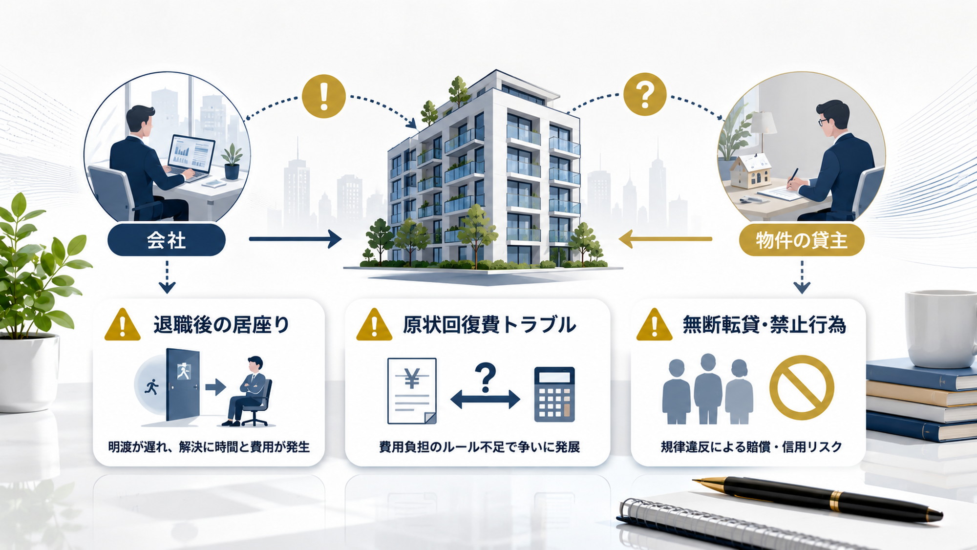 会社・従業員・建物の関係性と社宅規定流用リスクを示すミニマルな図解