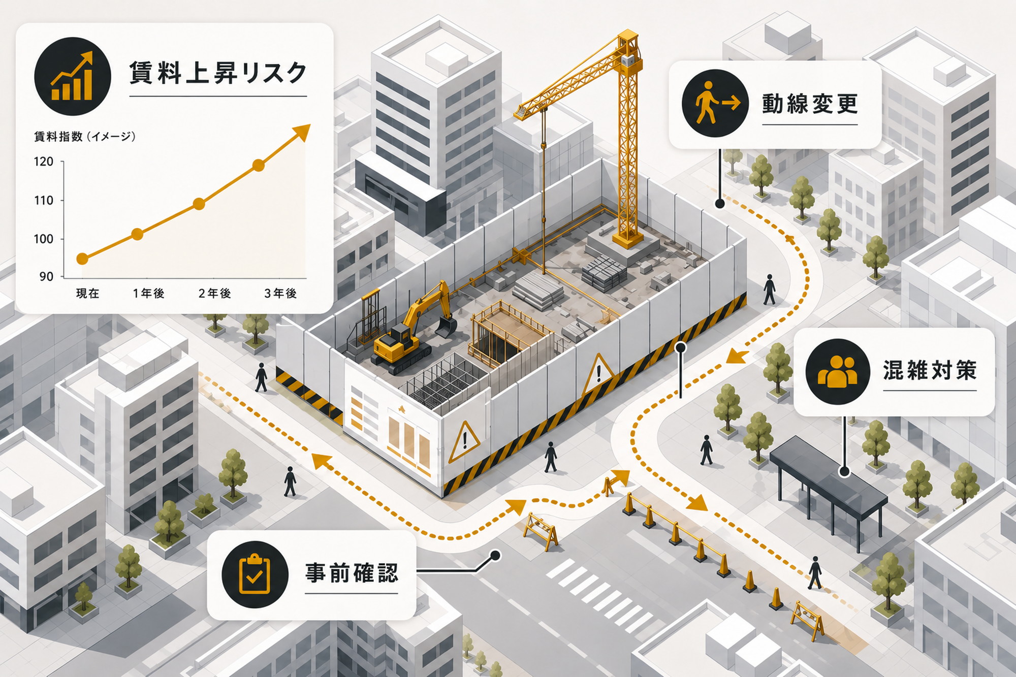 田町エリアでサテライトオフィスを設置する前に考慮すべき賃料上昇リスクや工事動線を示すアイソメトリック図解