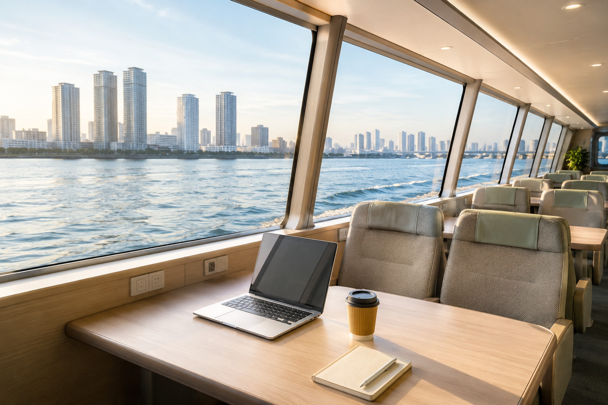 水上バスの明るい船内でノートPCを開きながら湾岸の景色を眺める通勤イメージ