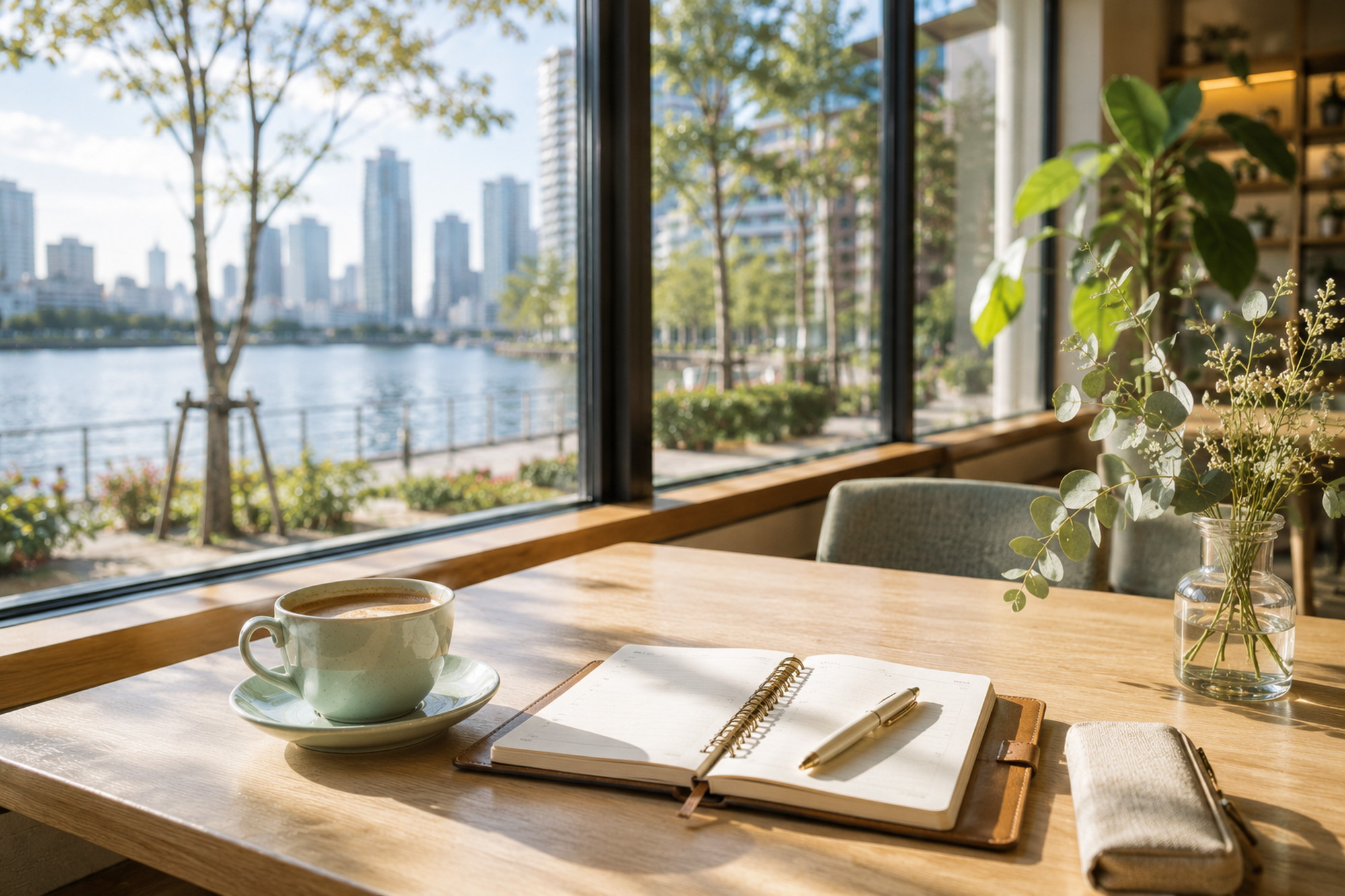 水上バス通勤の予定をカフェで見直す、手帳とコーヒーのある穏やかな朝の風景