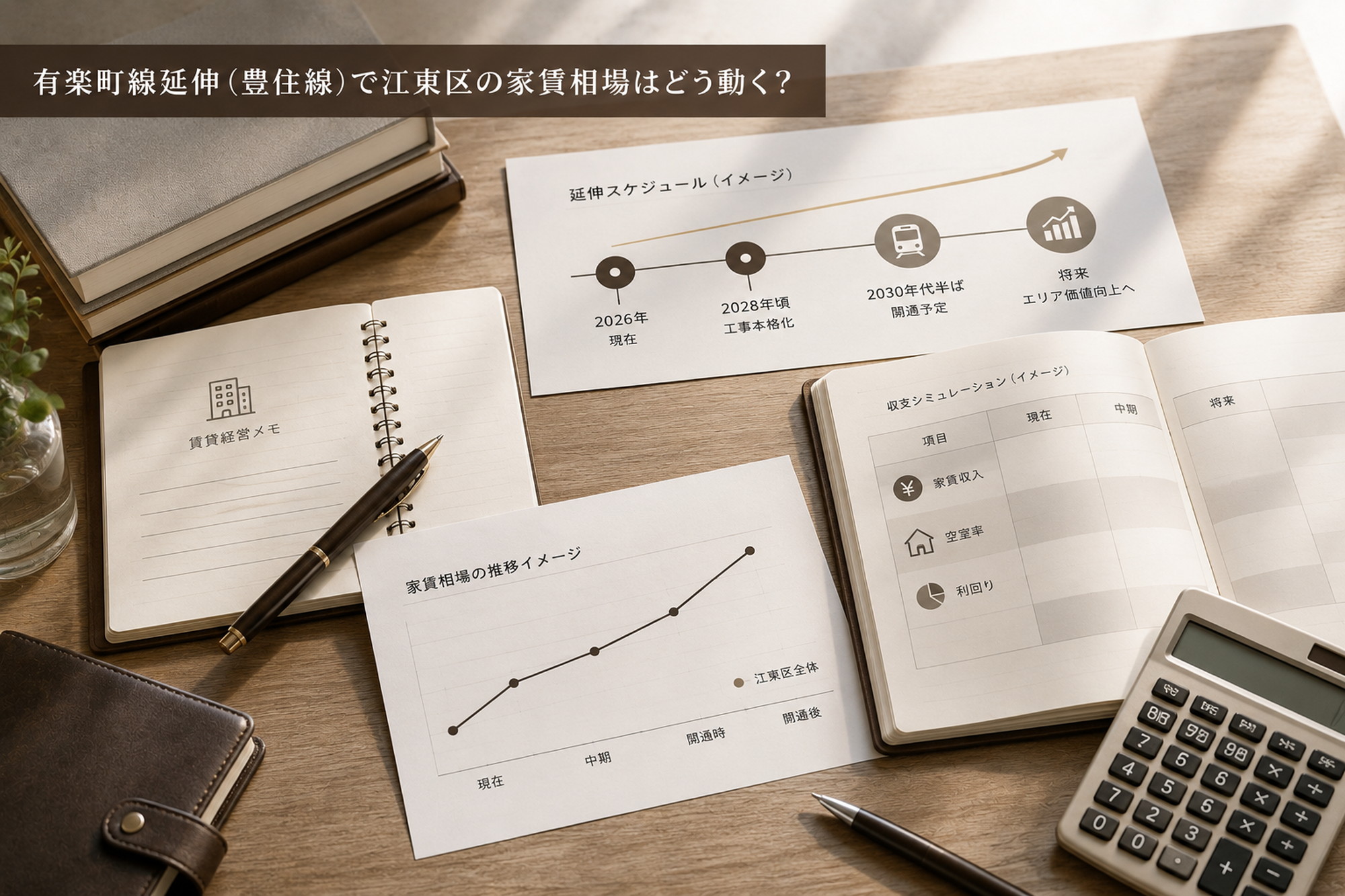 有楽町線延伸による家賃相場変化を検討する帳簿とタイムラインのデスクイメージ