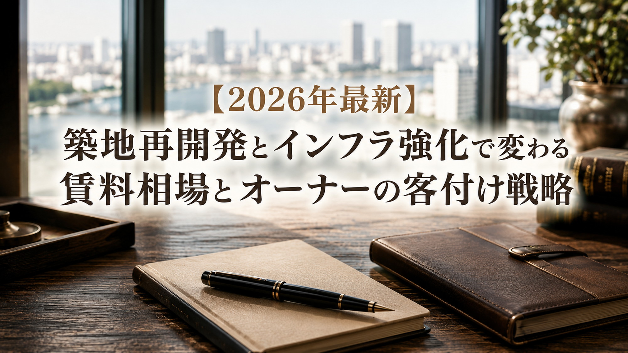 築地再開発とインフラ強化による賃料相場と客付け戦略を示す重厚なデスクイメージ