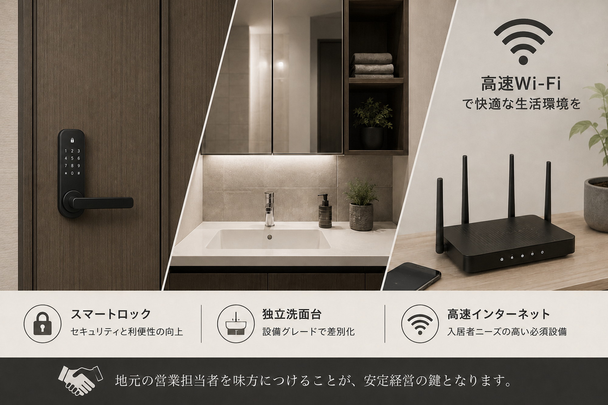 既存ワンルームの客付け強化に向けたスマートロック、独立洗面台、高速インターネット設備のイメージ